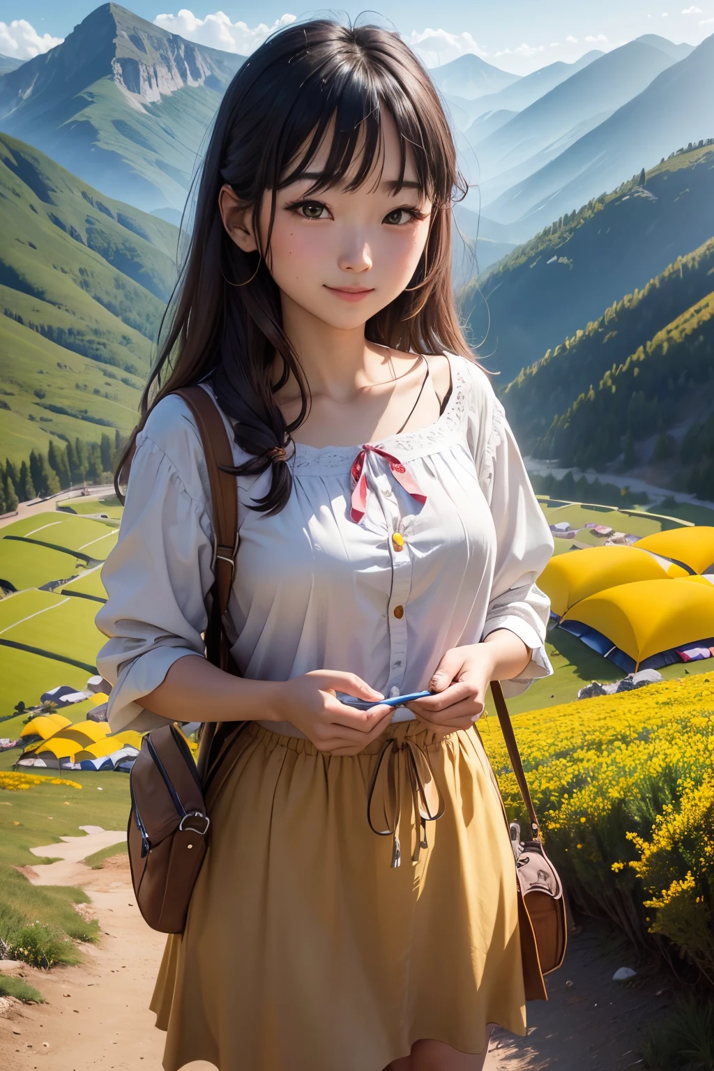 high-resolution photo、campsite、mont々A beautiful plateau surrounded by、The afternoon sun feels nice。Smiling Woman、I'm about to give you a present、Beautifully wrapped present。dressed casually、woman coming to camp。Autumn steppe、Meadow Campsites、I can see the tent、mont々Autumn leaves、serene ambiance。Small bonfire、Camping Chair。