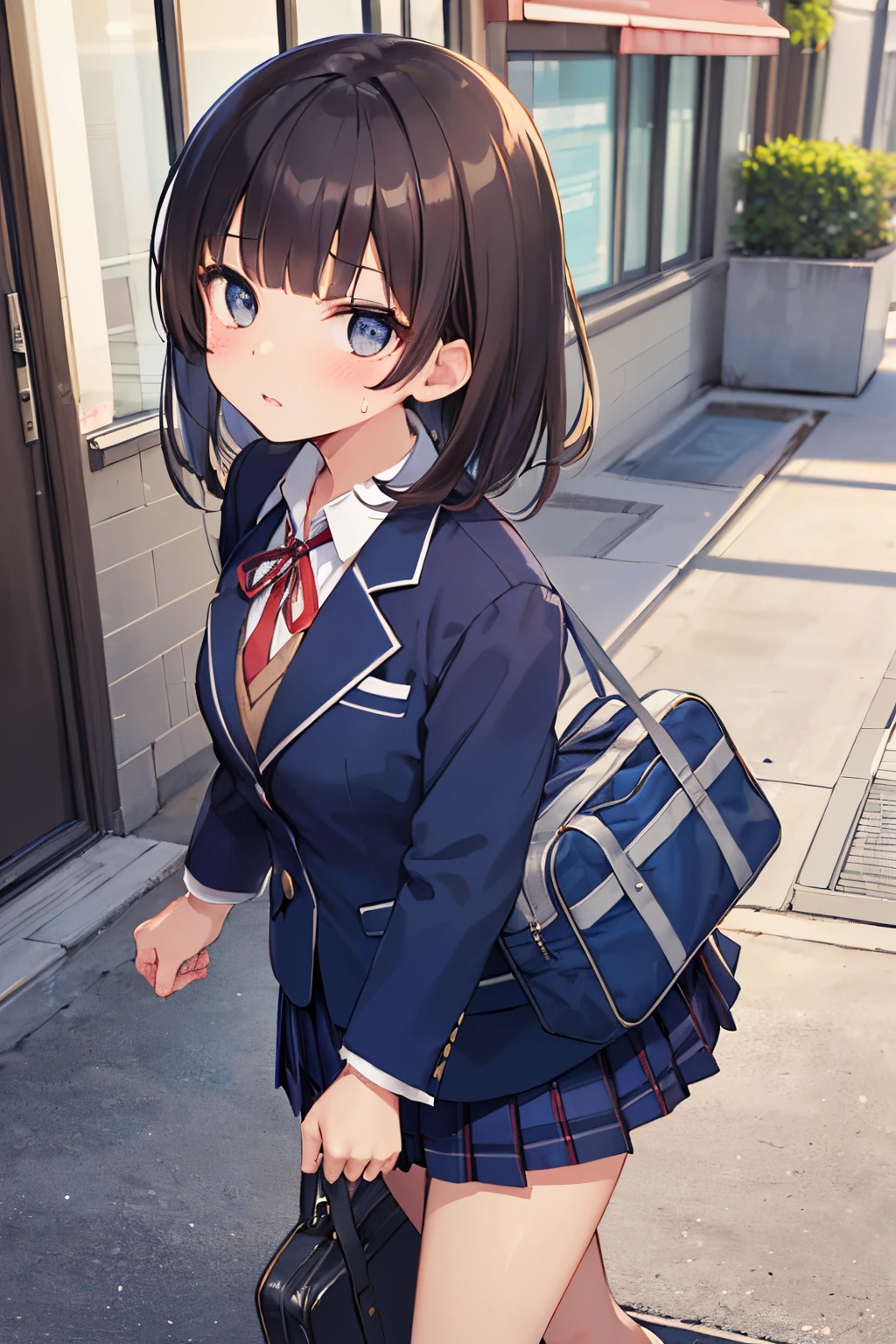 ((of the highest quality, 8K, masutepiece: 1.3)), Beauty, 1 Japan Girl, dark brown hair, 15 years old, Petite, Blunt bangs, Long bob hair, Face Focus, Detailed face, very detailed lips, Detailed eyes, Double eyelids, Sweaty skin: 1.2, (((School uniform, White collared shirt, Red tie ribbon, Blue checked skirt, JK Skirt,Navy blue blazer))), School bag, Big Blue Bag, Walking, Town, Walkway,