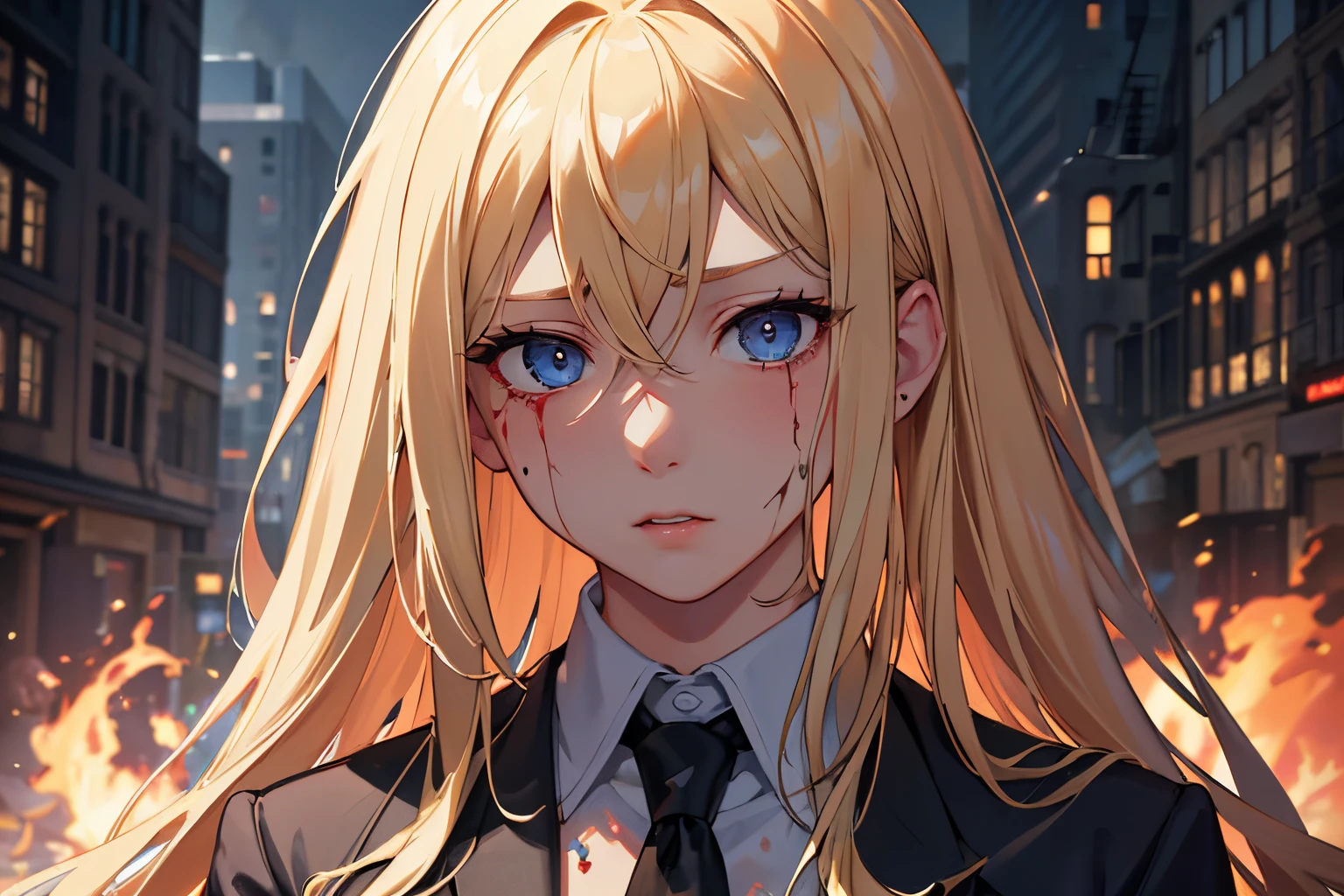 1girl, <lora:planya_v2-13:0.75>, planya, blue eyes, short hair, blonde hair, blood, blood on clothes, blood on face, blood on hands, blood splatter, cardigan, low twintails, monochrome, necktie, school uniform, shirt, solo, spot color, upper body, cardigan