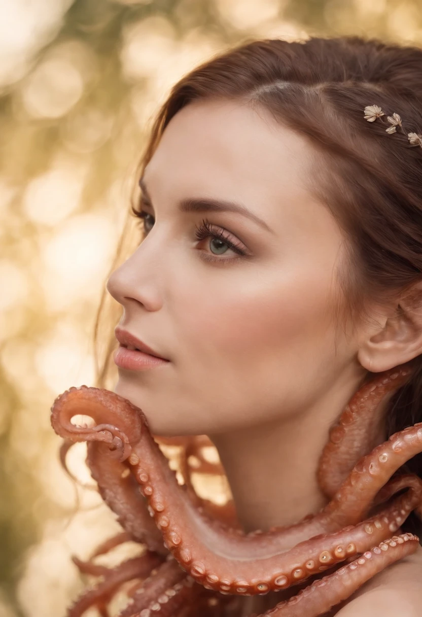 Octopus tentacles tightly wrapped around the beautiful woman's face, side view, Beauty blush