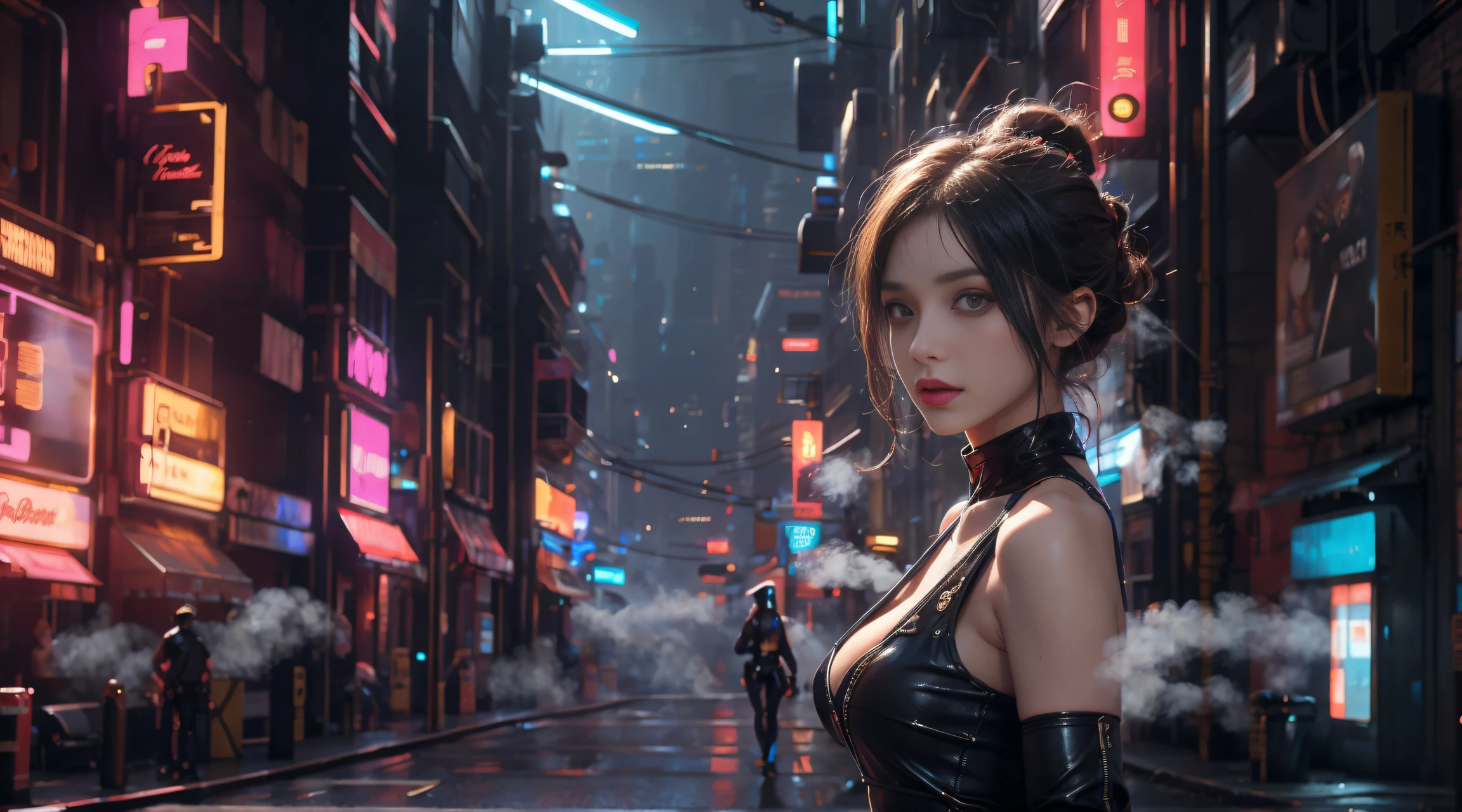 1 policeman,Solo,(3D realistic), Cold,mediuml breasts,(cleavage),tight leather clothes,cropped shoulders, hyper HD, 8K,dramatics,(Mid-range portrait),looking to the camera,The city of the future,street corner,the night,Sateen,volume fog,steamy,cyber punk perssonage
