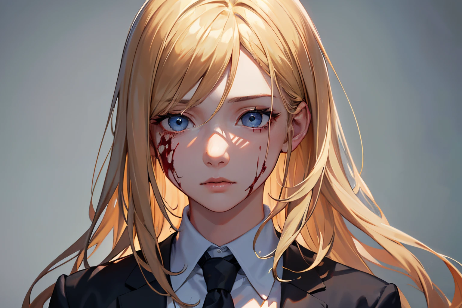 masterpiece, best quality, 1girl, blonde hair, blue eyes, suit and tie, ripped clothing, covered in blooding, messy face, sad, detailed eyes, detailed facial features, realistic and high resolution (best quality, 4k, 8k, highres, masterpiece:1.2).