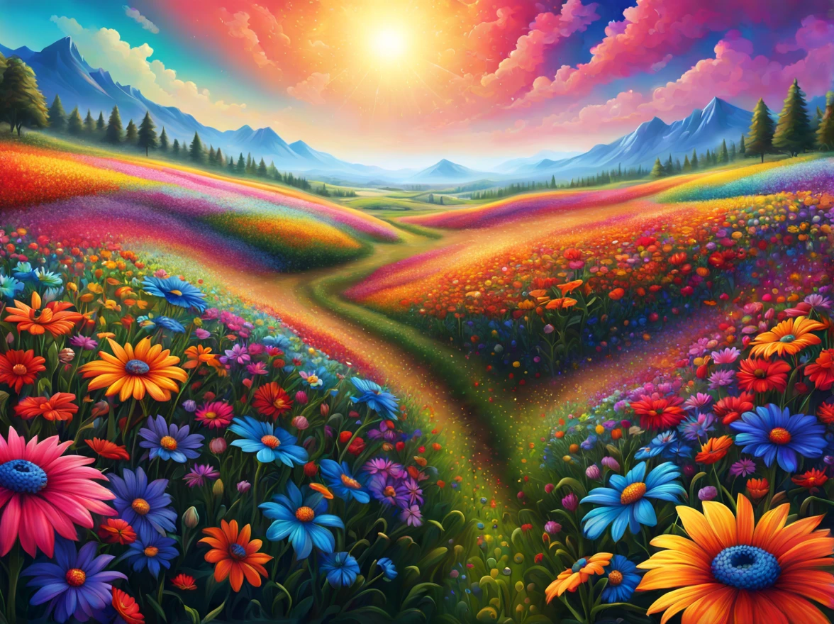 flowers field, art by (Akrokan), mesmerizing digital painting, vivid colors, elaborate, breathtaking, chromatic nanotechnology, magnificent, iridescent particles, mesmerizing pattern of kaleidoscopic colors, nanotechnological display, vibrant hues, (detailed:1.4), best quality, particles, digital painting, H!D