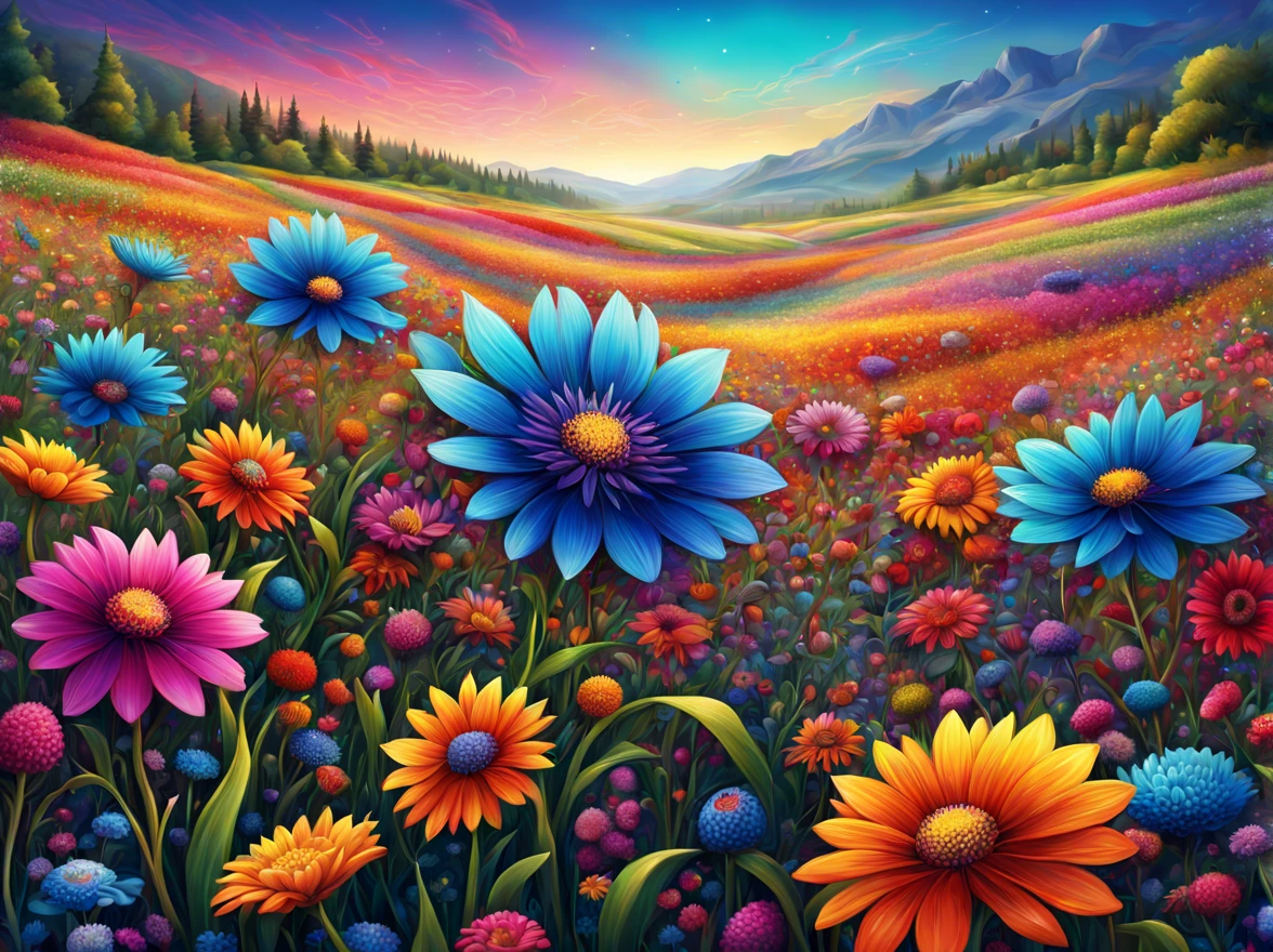 flowers field, art by (Akrokan), mesmerizing digital painting, vivid colors, elaborate, breathtaking, chromatic nanotechnology, magnificent, iridescent particles, mesmerizing pattern of kaleidoscopic colors, nanotechnological display, vibrant hues, (detailed:1.4), best quality, particles, digital painting, H!D