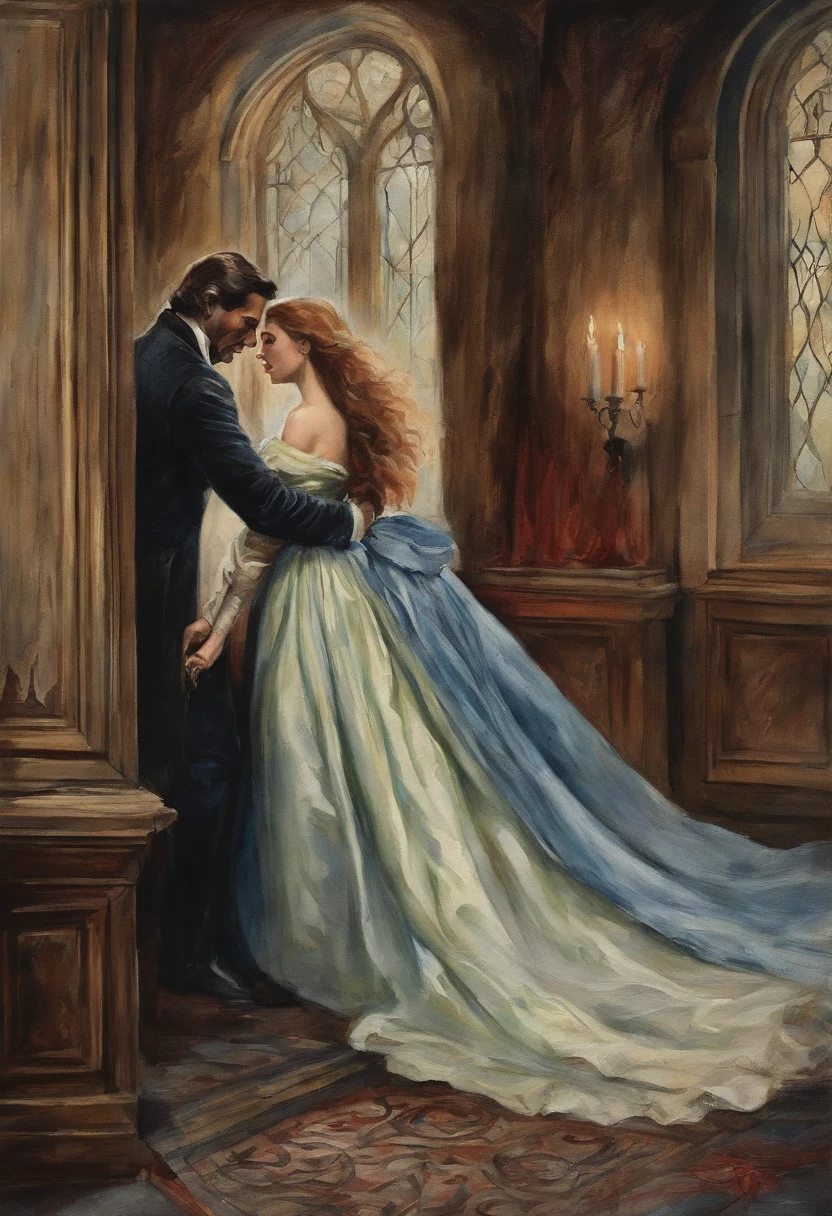 A damsel in distress, scene from a horror film, a beautiful young woman is grabbed from behind by Count Dracula and bitten in the neck. Old dark castle, Victorian era