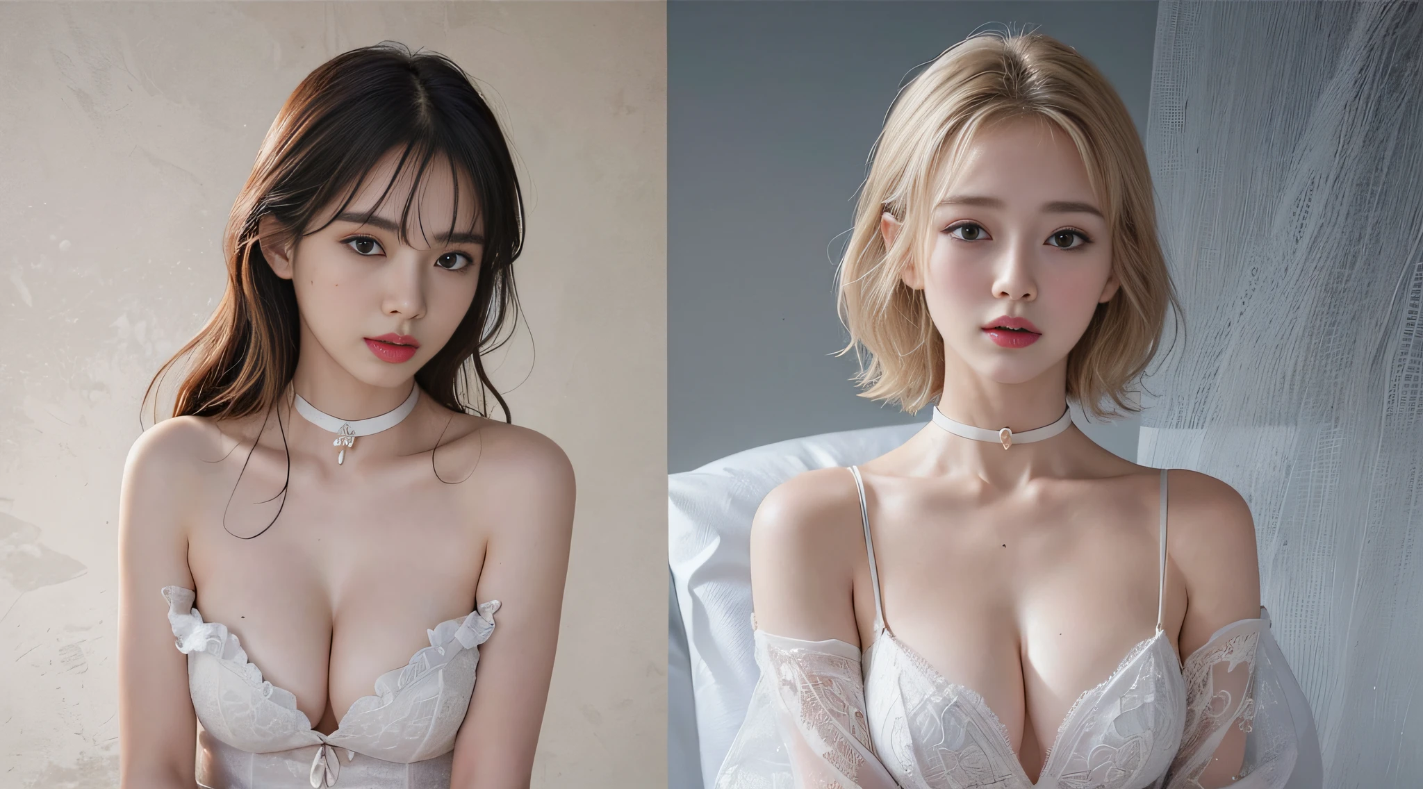 cute Japan woman (sheerness, Wet collar shirt), Cleavage is shown (8K, tmasterpiece, top-quality, hyper HD, realisticlying), petty face, ssmile, 美丽细致的眼睛, beautiful detailed nose, beautiful detailed lips, beautiful detailed face, idol carving, large bust, Model diagram, Get wet, white skinned, closeup cleavage, sexy for, choker necklace, Small lips, Korean makeup, Glossy glossy skin