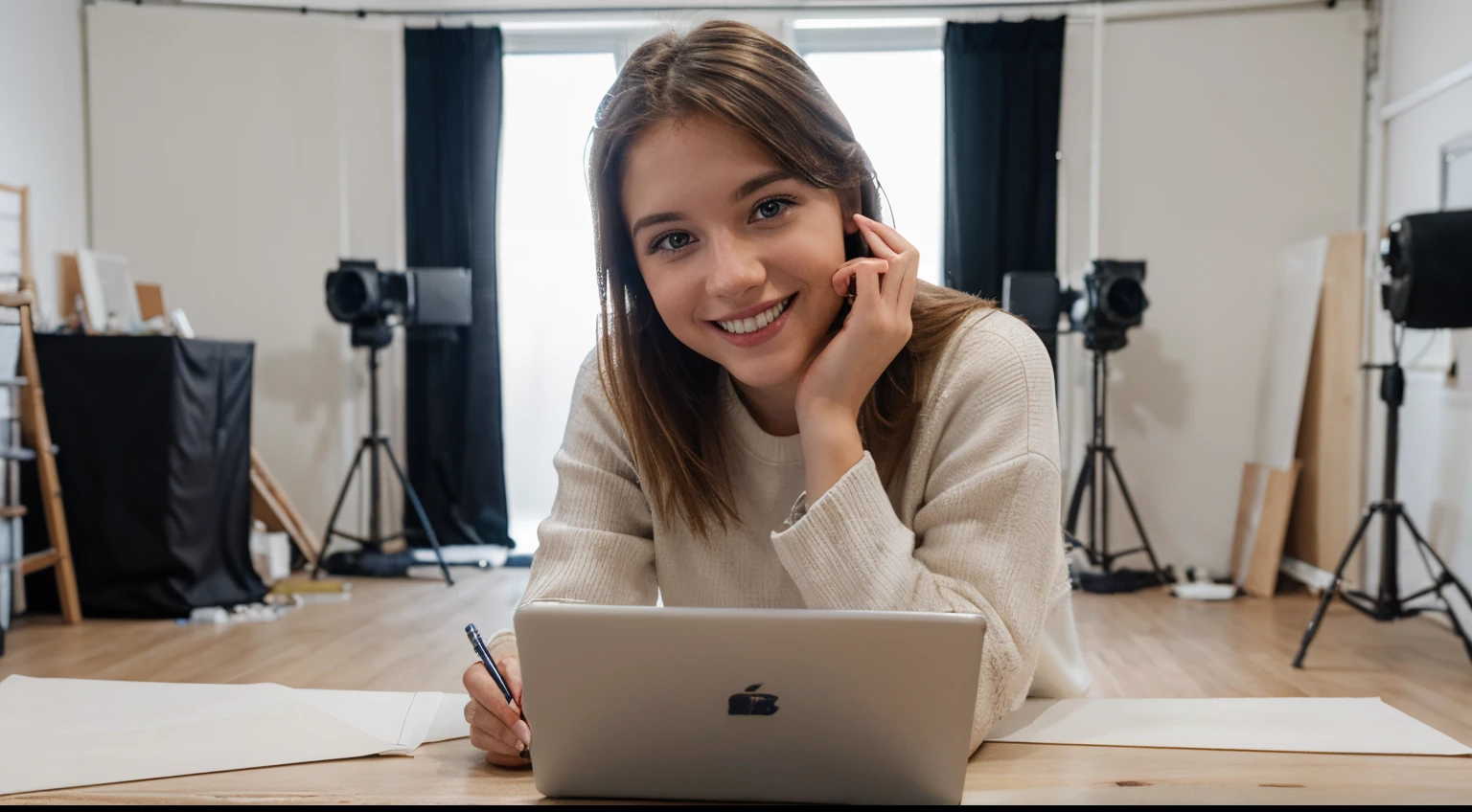 A zoom out photo of a white 25 years old female, using their laptop, working in the shooting studio, smiling, looking at the camera,