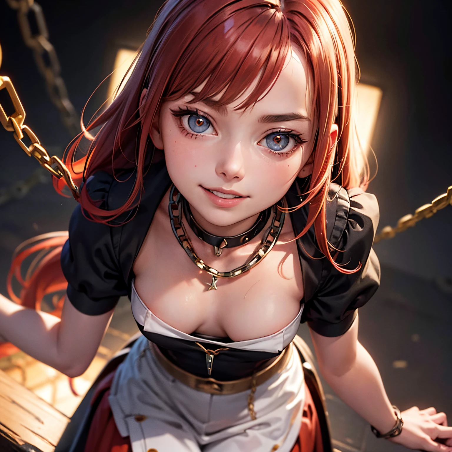 Makima with the face of Margot Robbie (chain saw man), Best Quality, ultra-detailliert, 1girl in, Solo, Standing, Red hair, Long braided hair, Golden Eyes, Bangs, medium breasts, White shirt, tie, Look, Smile, (in bad: 1.2), Looking at the viewer, (interview: 1.3), (Dark background, chains: 1.3), From above, sharp contrast, Beautiful detailed eyes, Focus, Close Up Shot