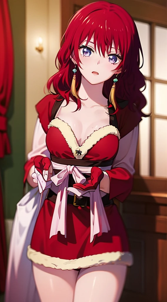 masterpiece, best quality, 1 solo girl, red hair, purple eyes, long hair, wavy hair, Christmas ornaments, medium breasts, mature body and face, red christmas dress, christmas, christmas light, christmas tree, red gloves, red santa skirt, holding gift, red bra, red panty, leg up, cowboy shots, sexy pose, dakimakura, detailed body, face, and eyes, sharp focus, vibrant, creative, dynamic, high definition, high resolution, 8k, (Upscale: R-ESRGAN 4x+ Anime6B), (Image enchance:4x), voluptuous body,