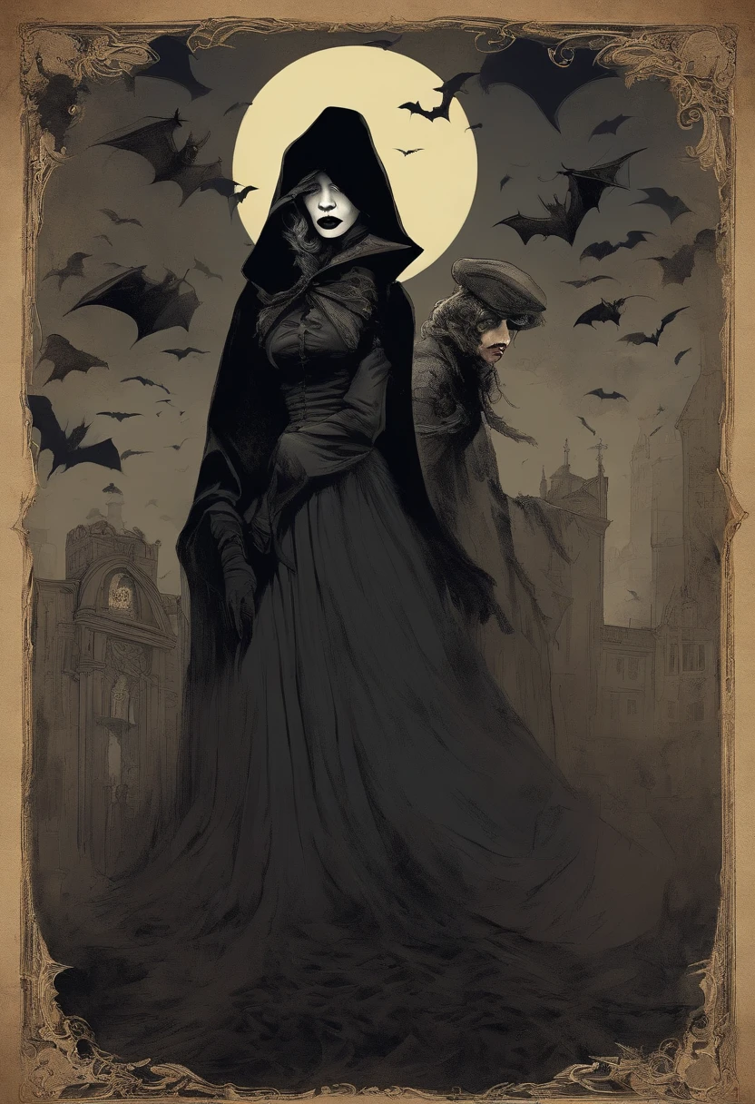 A mesmerizing dark fantasy oil illustration captures the essence of a beautiful punk witch with disheveled hair full of tendrils. Her large, expressive eyes peer out from beneath a dark, intricately designed hat. She wears an exquisite outfit adorned with unique textures and details, reflecting her mystical nature. A cute, fuzzy black cat sits on her shoulder, watching the world below. The witch is captured in a dynamic, full-body pose, standing amidst a vibrant, enchanting garden filled with various plants and shadows. The combination of light and shadow creates a captivating visual experience, highlighting the intricate details and the charm of this one-of-a-kind painting., dark fantasy, painting, vibrant