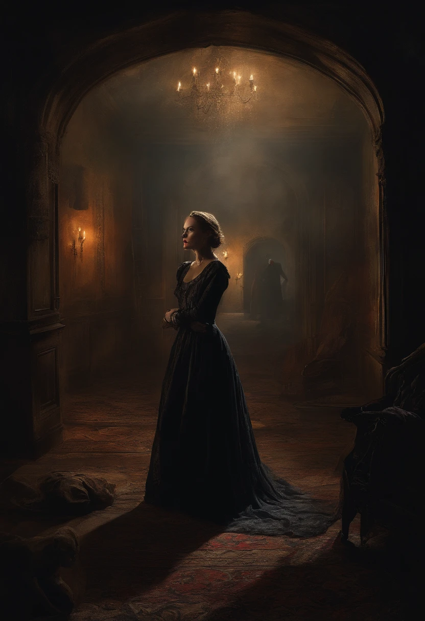 A damsel in distress,horror film,beautiful young woman grabbed from behind by Count Dracula and bitten,detailed expression on woman's face,detailed eyes and lips,haunting atmosphere,creepy mansion,Victorian era,gothic setting,moonlight streaming through the windows,dark and mysterious ambiance,foreboding shadows,rich colors,high contrast,spooky lighting effects,dramatic angles,nighttime scene,intense emotions,ethereal and ghostly atmosphere,feeling of danger and vulnerability,detailed costume and period clothing,silhouette of bats flying in the background,struggle and desperation,hauntingly beautiful scene,dark and sinister tone,emotionally charged,horror movie aesthetic