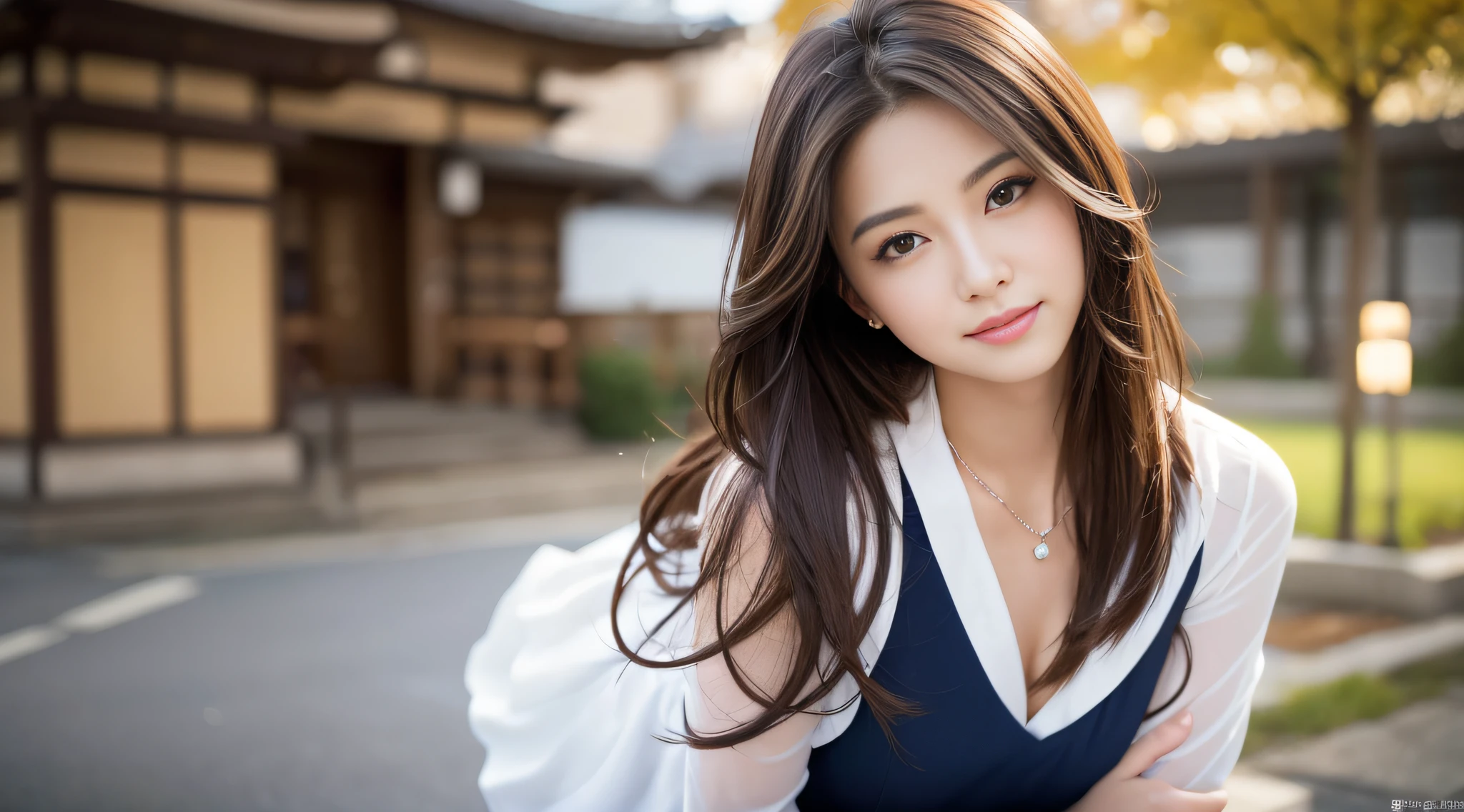Best quality,tmasterpiece,超高分辨率,(真实感:1.4),RAW photos,dark brown hair、ssmile、professional photoshooting、Same skin type as humans、Japanese schoolgirl proofreading from head to toe、blur backgroun、Faithfully draw anatomy、very detailed and beautiful、ultra image quality、Hair is flying and sexy、Very detailed beauty、lewd poses、semi long hair、a necklace、stop、diamond、