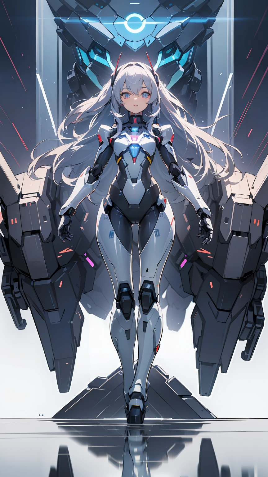 ((girl, Mecha)), glowing eyes, delicate face, broken armor, Mechanical aura, Mechanical arm, white hair, long hair, Ceramic body, Thigh gap, Small chest, Internet background, Very good city, (translucent, Reflective Skin), 8K, best quality, Super detailed, (Surrealism: 1.4),  