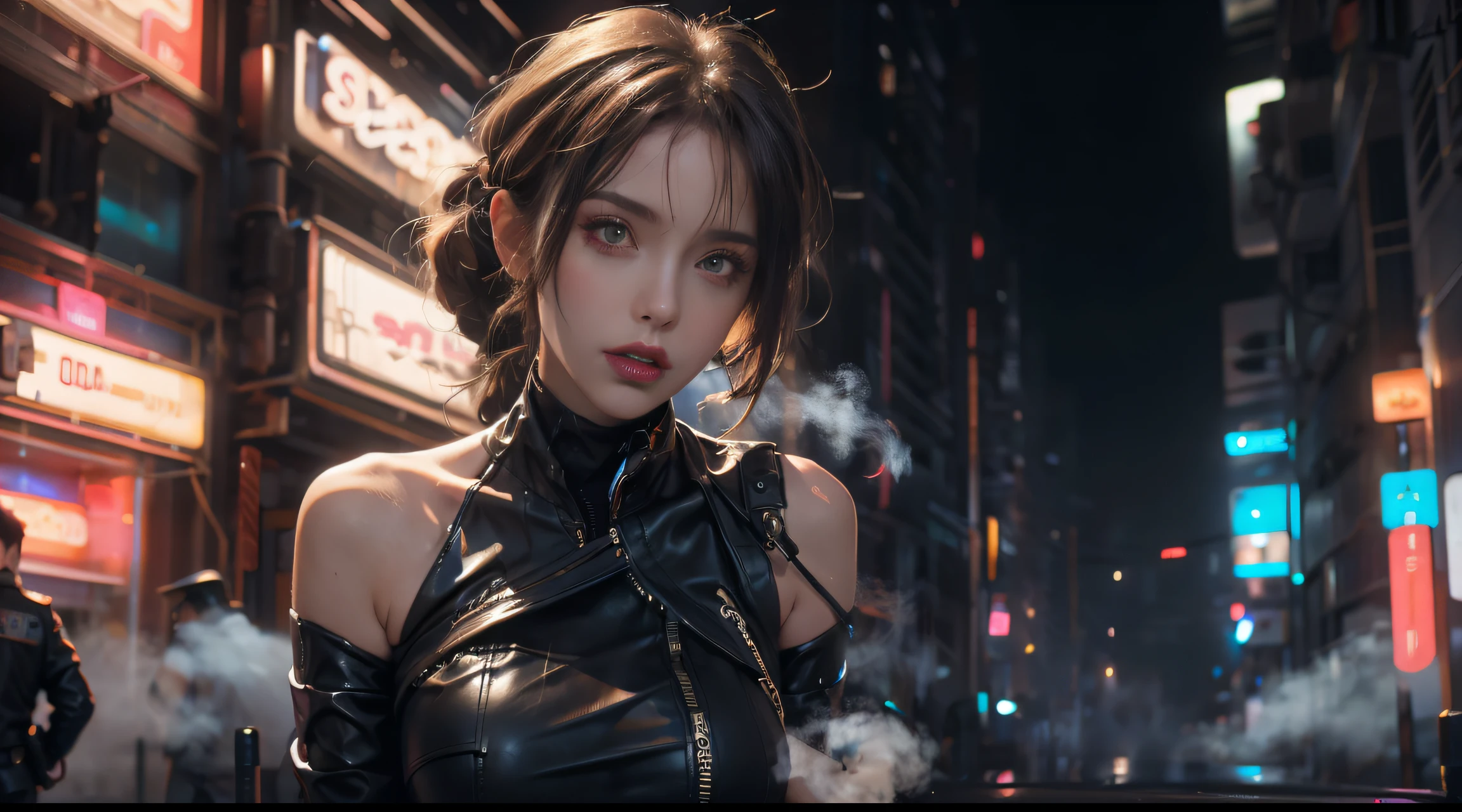 1 policeman,Alone,(3D realistic), Cold,mediuml breasts,tight leather clothes,cropped shoulders, hyper HD, 8K,theatrical,(Close-up portrait),looks into camera,The cities of the future,on the street corner,natta,Sateen,volume fog,Steaming,cyber punk personage