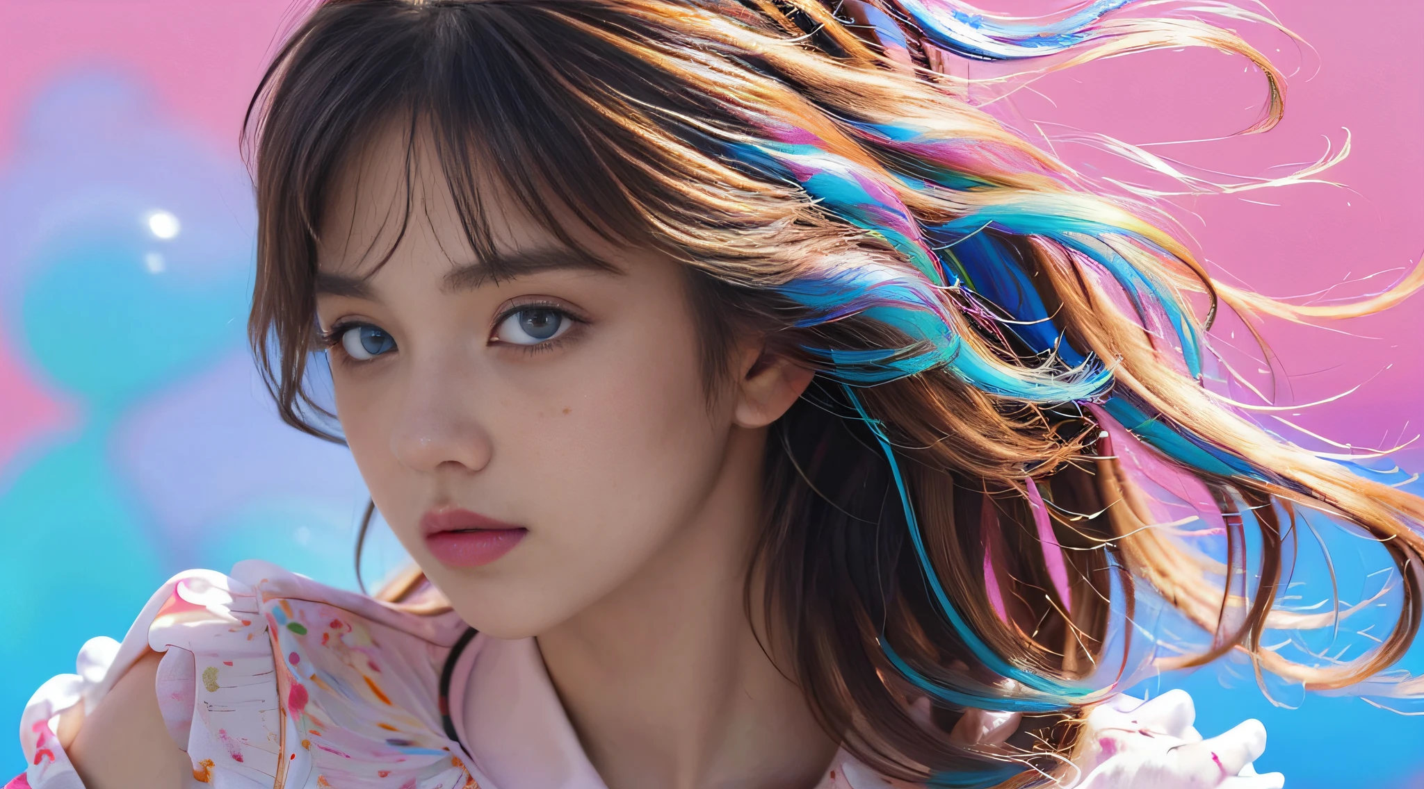 (tmasterpiece), (Best quality at best), (ultra - detailed), (messy hair), (illustratio), (one-girl), (Stylish clothes), Permanent, A fashion model, looking at viewert, (Interview), (simple backgound), beautiful fine eyes, s delicate face, floating, (high saturated), (colorful splash), Colorful bubbles, (Glow), Focus on the face,
