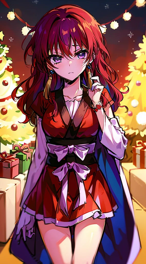 masterpiece, best quality, 1 solo girl, red hair, purple eyes, long hair, wavy hair, Christmas ornaments, medium breasts, mature body and face, red christmas dress, christmas, christmas light, christmas tree, red gloves, red santa skirt, holding gift, red bra, red panty, leg up, cowboy shots, sexy pose, dakimakura, detailed body, face, and eyes, sharp focus, vibrant, creative, dynamic, high definition, high resolution, 8k, (Upscale: R-ESRGAN 4x+ Anime6B), (Image enchance:4x), voluptuous body,