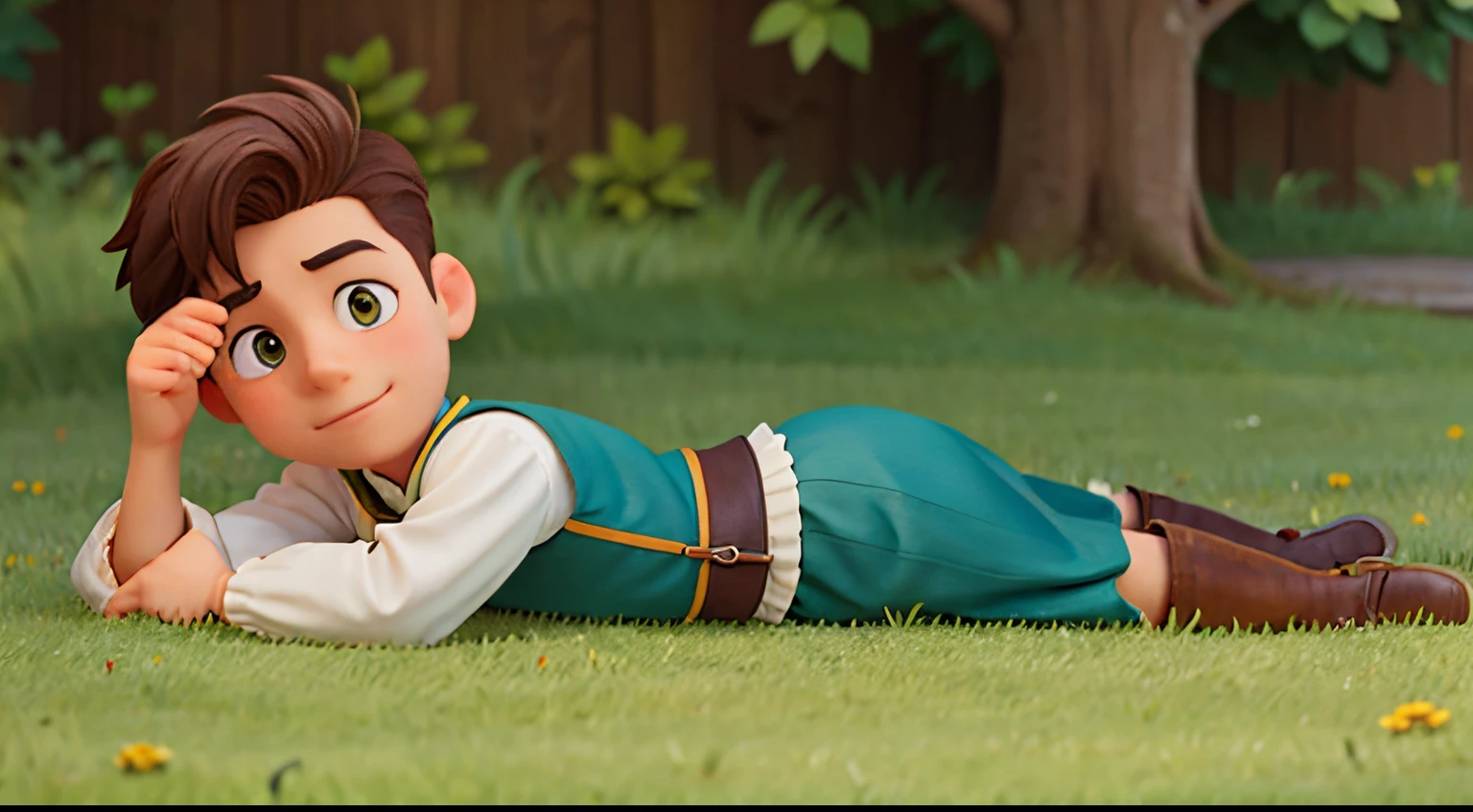 A lazy young man lying on the grass wearing 16th century clothes, cartoon style,