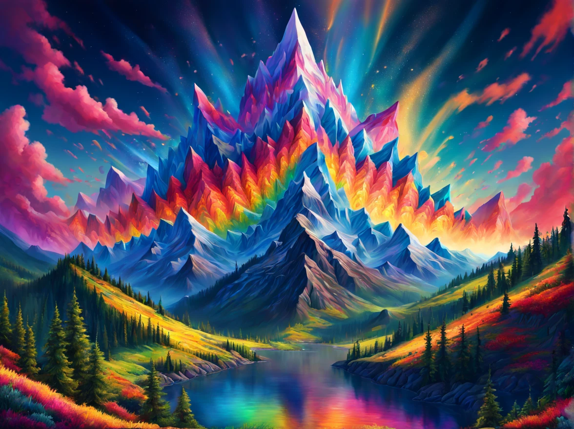 mountains, art by (Akrokan), mesmerizing digital painting, vivid colors, elaborate, breathtaking, chromatic nanotechnology, magnificent, iridescent particles, mesmerizing pattern of kaleidoscopic colors, nanotechnological display, vibrant hues, (detailed:1.4), best quality, particles, digital painting, H!D
