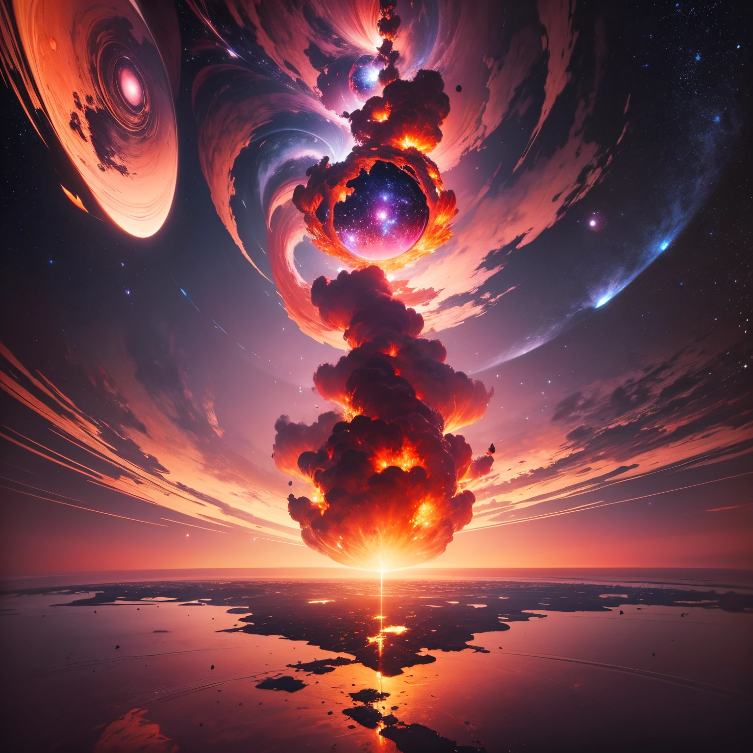 Giant planets,Crimson sky,the ground,A beautiful cherry blossom tree,magma,falling leaf,honkai,fragmented