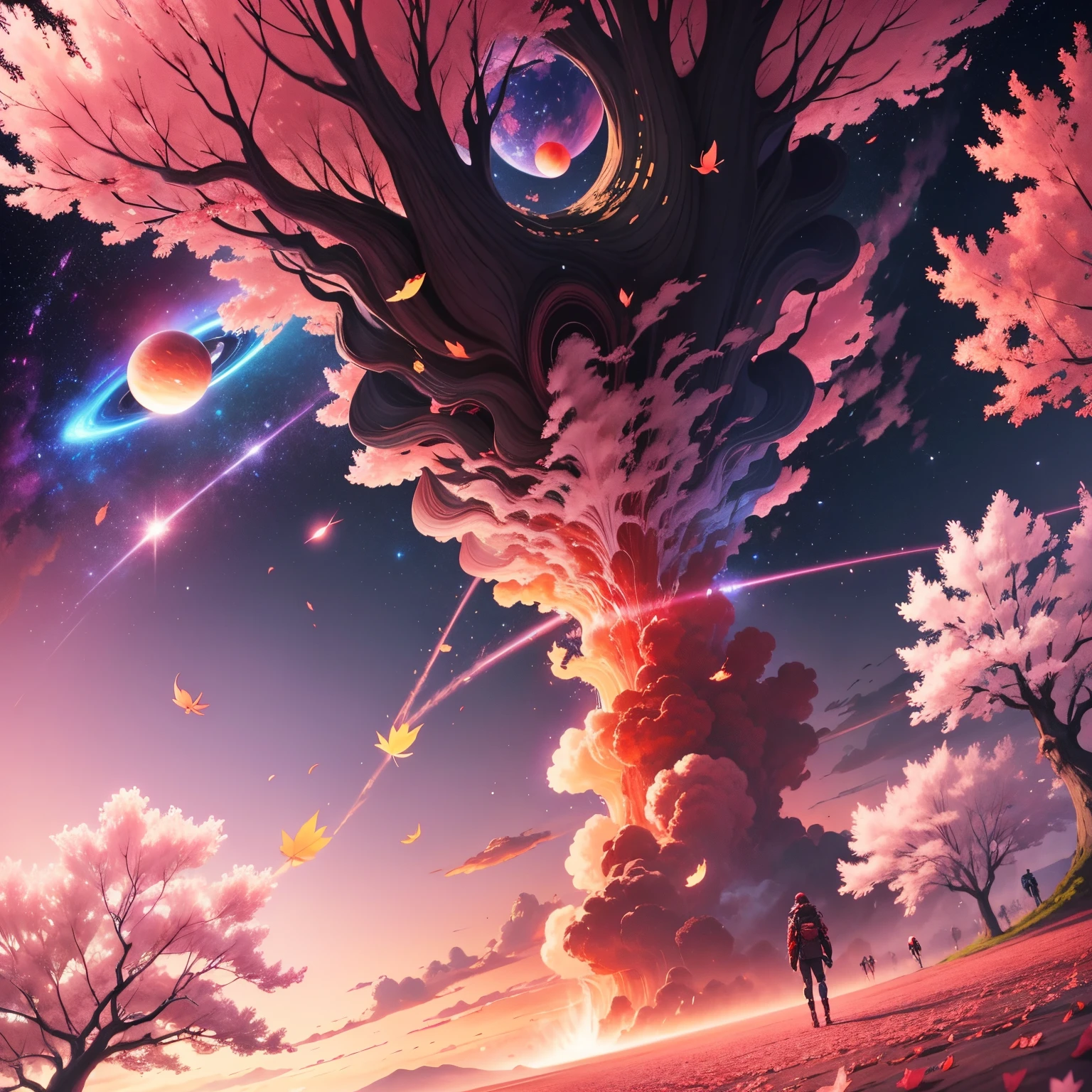 Giant planets，Crimson sky，the ground，A beautiful cherry blossom tree，magma，falling leaf，honkai，fragmented