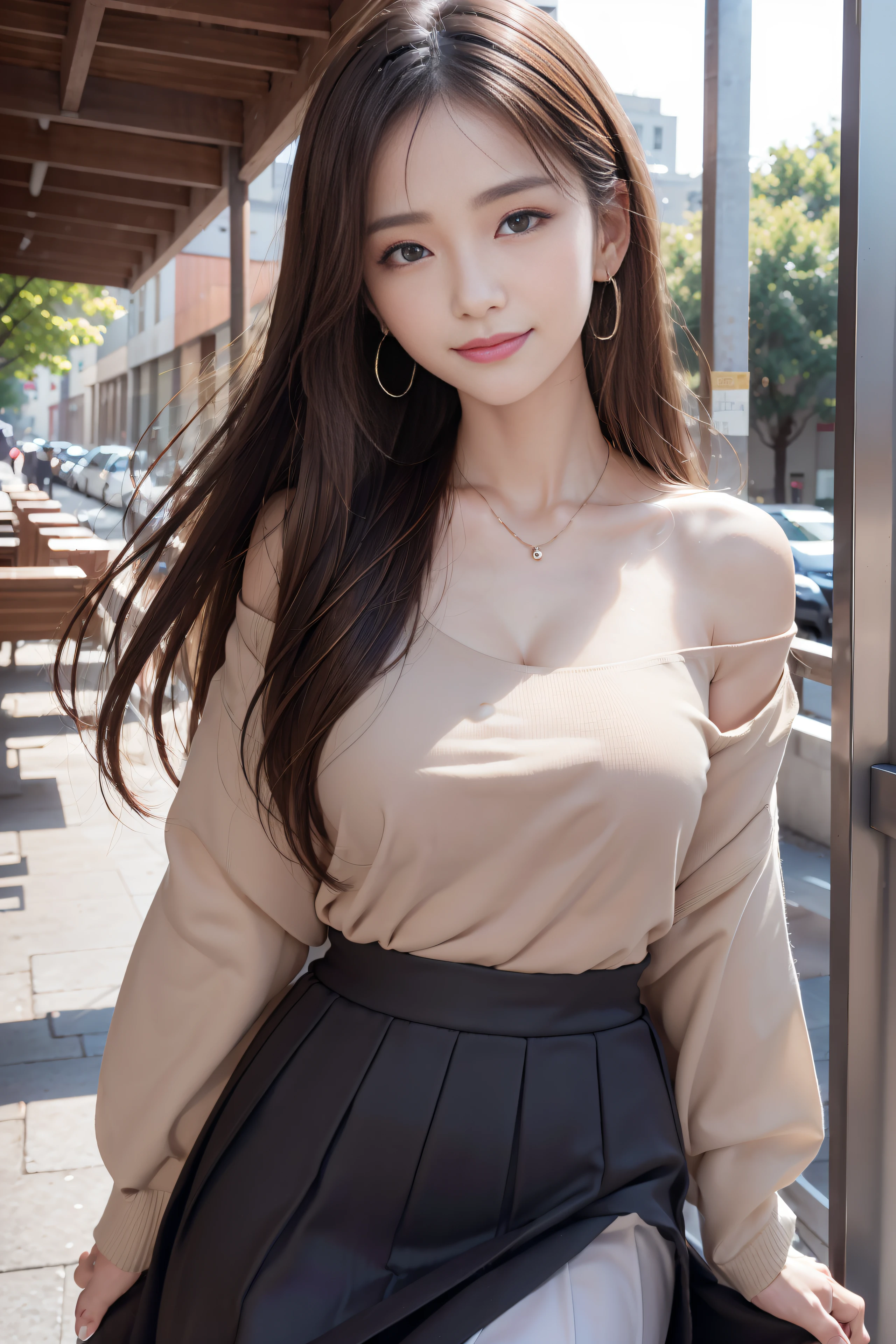 (masutepiece: 1.3), (max resolution: 1.2),, (Detailed eyes and skin), (detailed facial features), nffsw, Sharp Focus: 1.2, Perfect Style, Beautiful face, Perfect body、Highly detailed facial and skin texture, Detailed eyes, Dark-blue eyes, : 1.2, Natural cheeks, Glossy skin, Fair skin: 1.2, shiny little necklace and earrings, (Glossy lips: 1.A very cute female teacher), (Seductive smile: 1.2), (long, straight haired, bangss), (ligh brown hair:1.2), Medium chest,、soft boob、(FULL BODYSHOT)　Shyness、Buttocks emphasis pose、sexy hips、Kamimei、In the classroom of  the school、flered skirt、off shoulder shirt、Looks Back、Shot from below