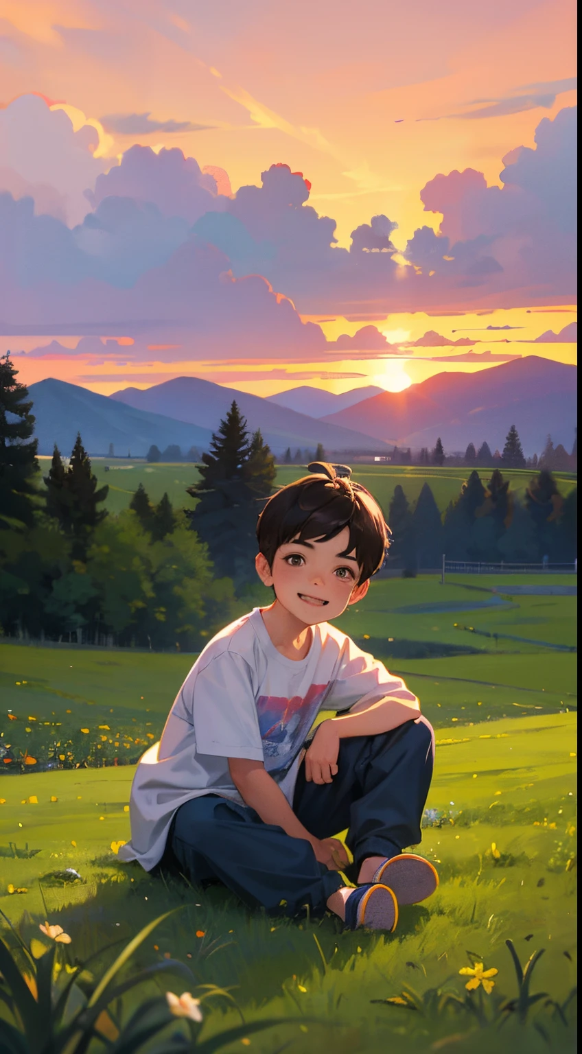 A happy  boy，Dressed in casual attire，Wear slippers，Sit on the rocks of the meadow，The background is the village，There is a cute little dog next to it，Sunset and sunset，Face the camera，Full body photo，Ultra-high definition