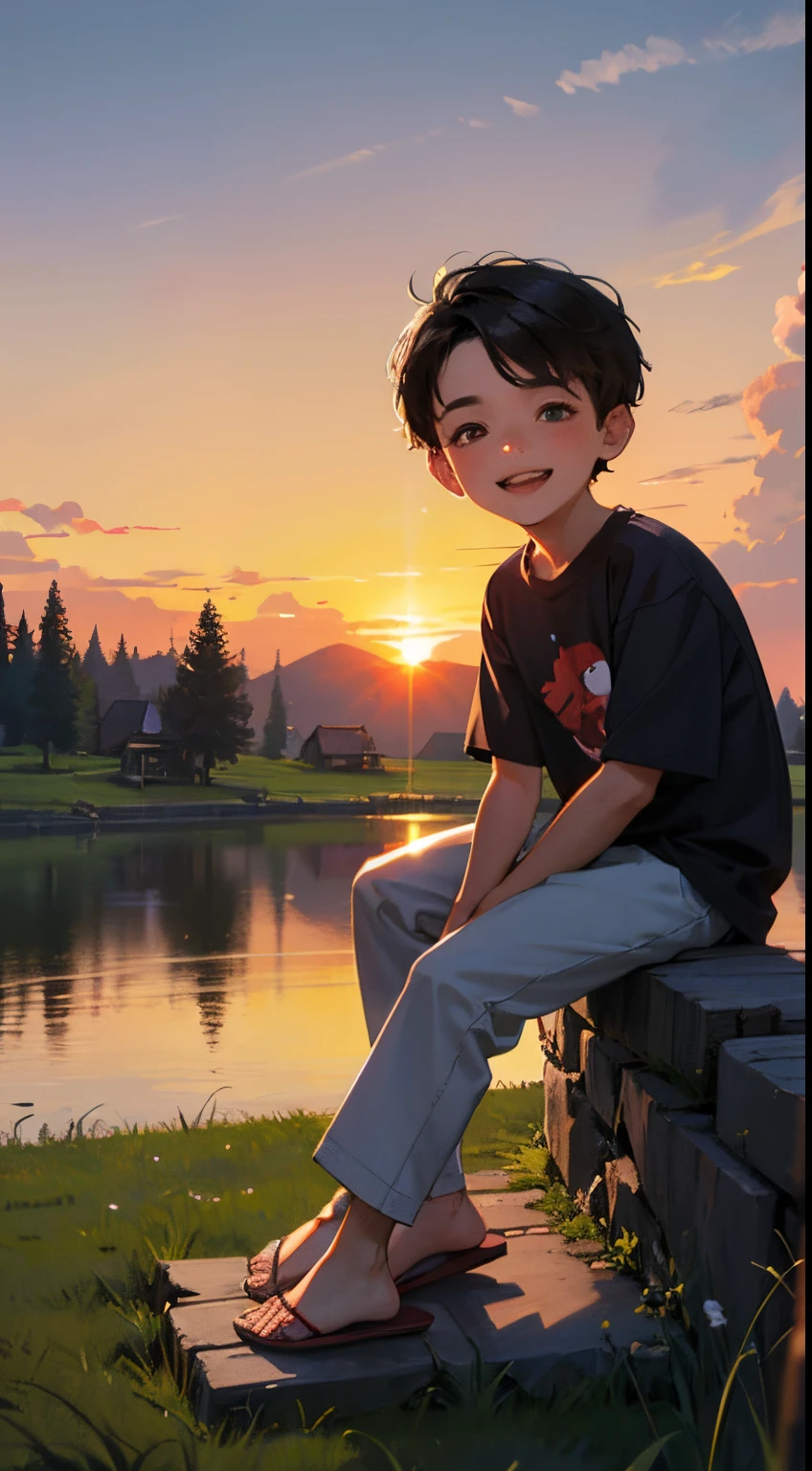 A happy little boy，Dressed in casual attire，Wear slippers，Sit on the rocks of the meadow，The background is the village，There is a cute little dog next to it，Sunset and sunset，Face the camera，Full body photo，Ultra-high definition