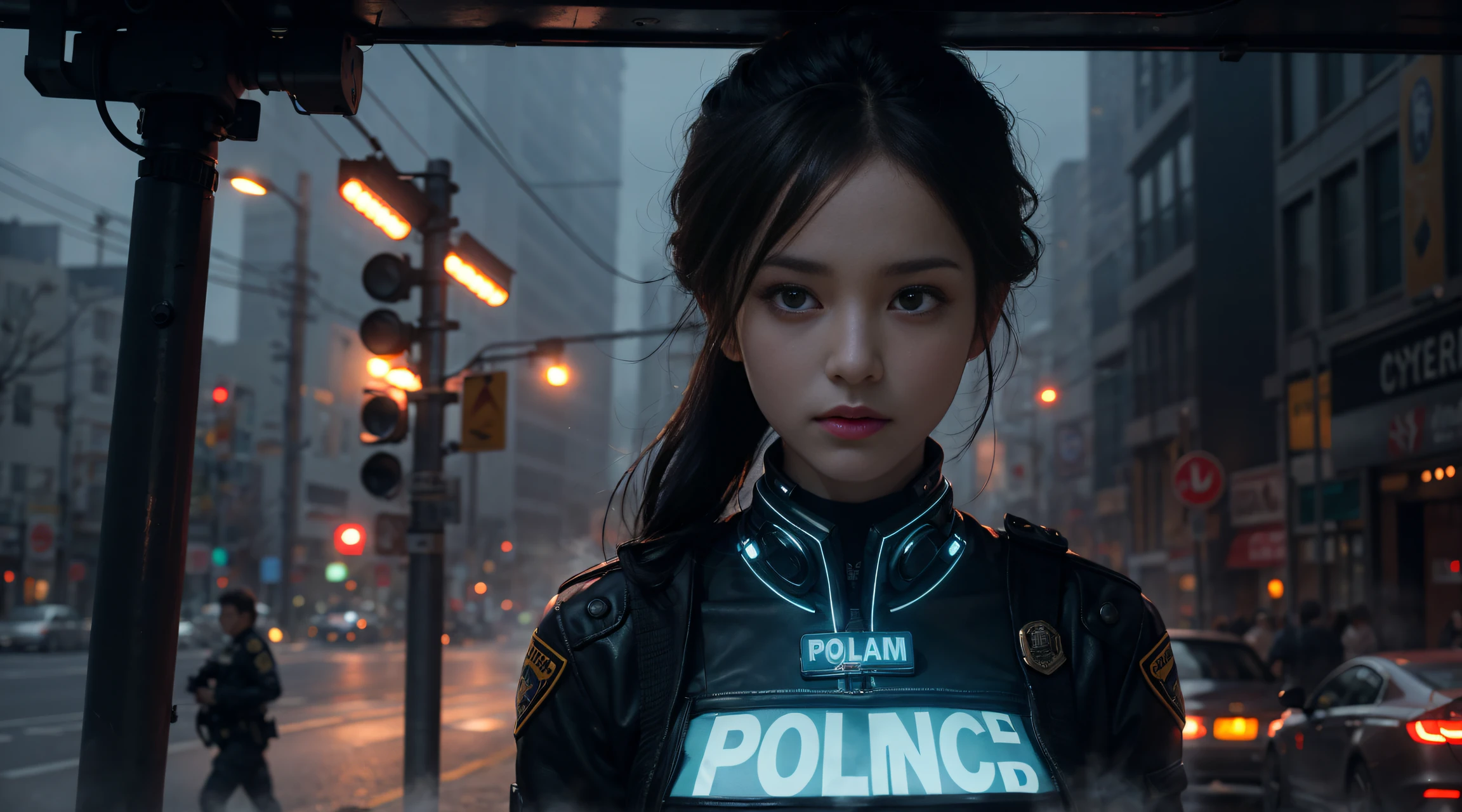 1 policeman,Alone,(3D realistic), Cold,mediuml breasts,(Chopping), hyper HD, 8K,theatrical,(mid shot portrait),looks into camera,The cities of the future,on the street corner,natta,Sateen,volume fog,Steaming,cyber punk personage