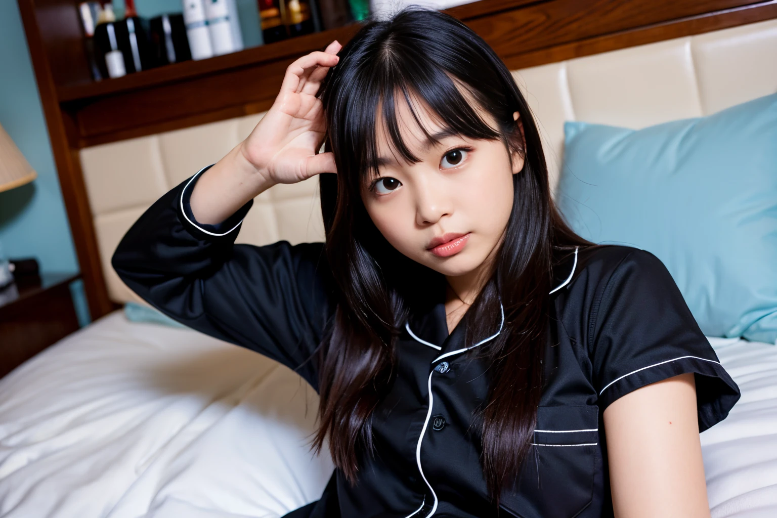 Best-quality, Masterpiece, Ultra-High-Resolution, (Photorealistic:1.4), Raw-Photo, Extremely-Details, Perfect-Anatomy,
at midnight, in room, on bed,
1girl, 18-years-old, the most popular Japanese idol, high on cocaine, feeling ECSTACY, completely drunk, wearing only pajama, detailed many empty liquor bottles on bed, detailed illegal drugs on bed,
detailed extremely cute face, detailed extremely beautiful big black solid circle eyes, detailed extremely beautiful realistic skins, detailed extremely beautiful hair, detailed extremely beautiful perfect body, detailed extremely perfect five-fingers, detailed pajama