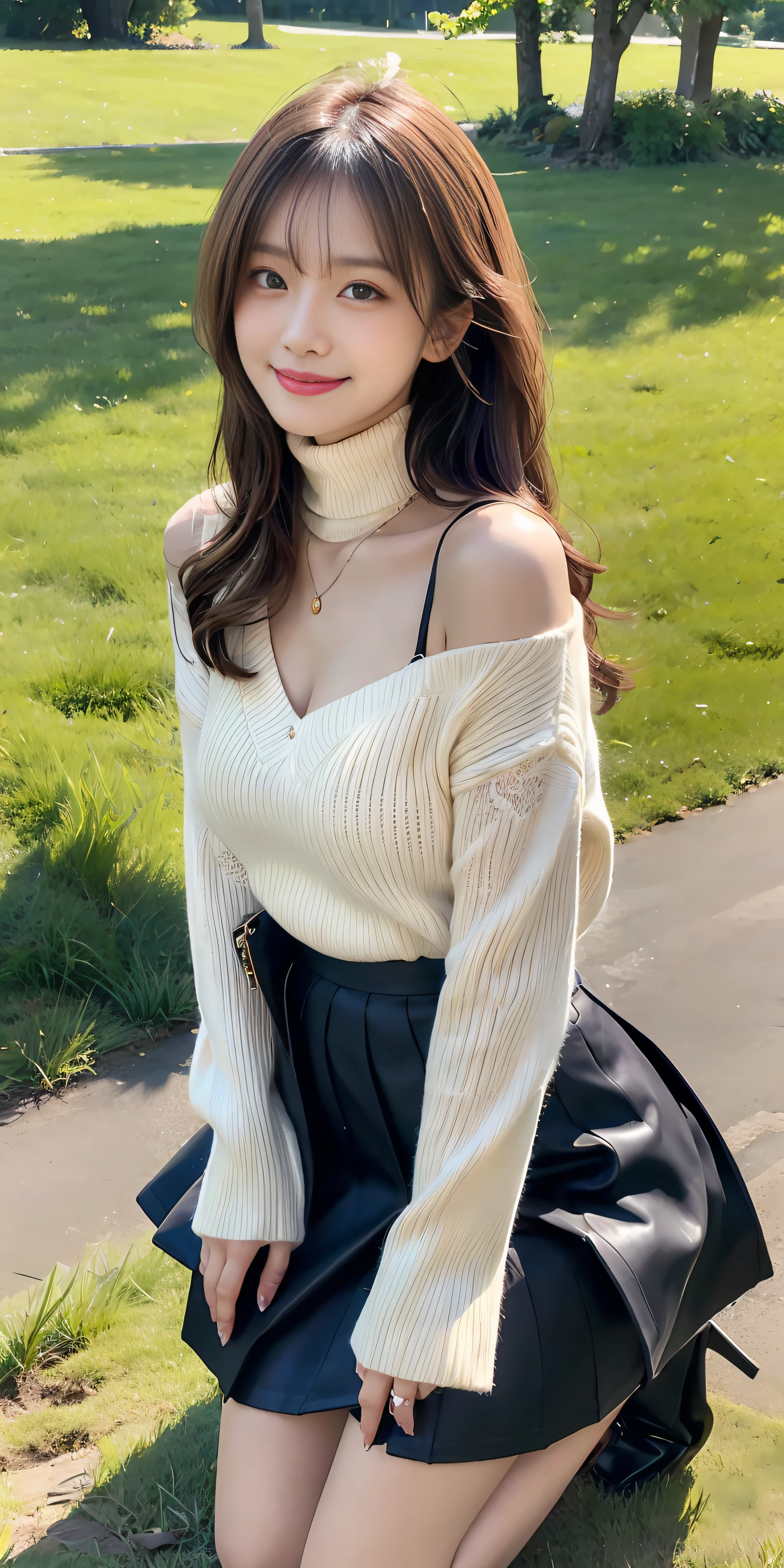 23 y-o woman, Long dark blonde wavy hair、Beige turtleneck sweater, Puffy nipple、long pleated skirt of dark blue color,Medium milk, cute smile face、(Pose to lean forward and emphasize the chest)、(turned around)、、Beautiful necklace、sexy hips、Black High Heels、Sexy lace panties、Visible shot of the whole body、On the lawn of the park、Squat down with both knees together