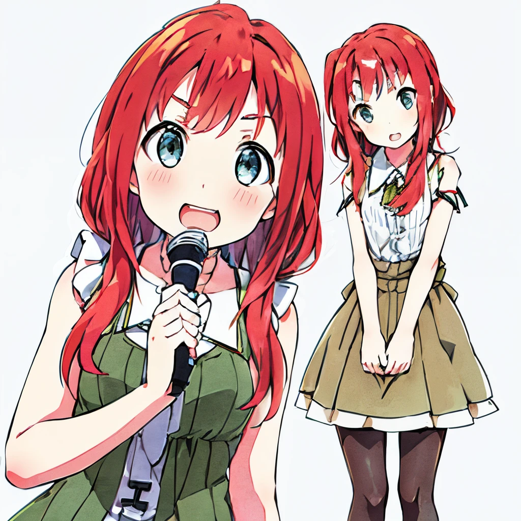 vocaloid, A  girl, redhead hair, quiff, White Skin Skin, freckles, gray-green eyes, Small stature, whitebackground