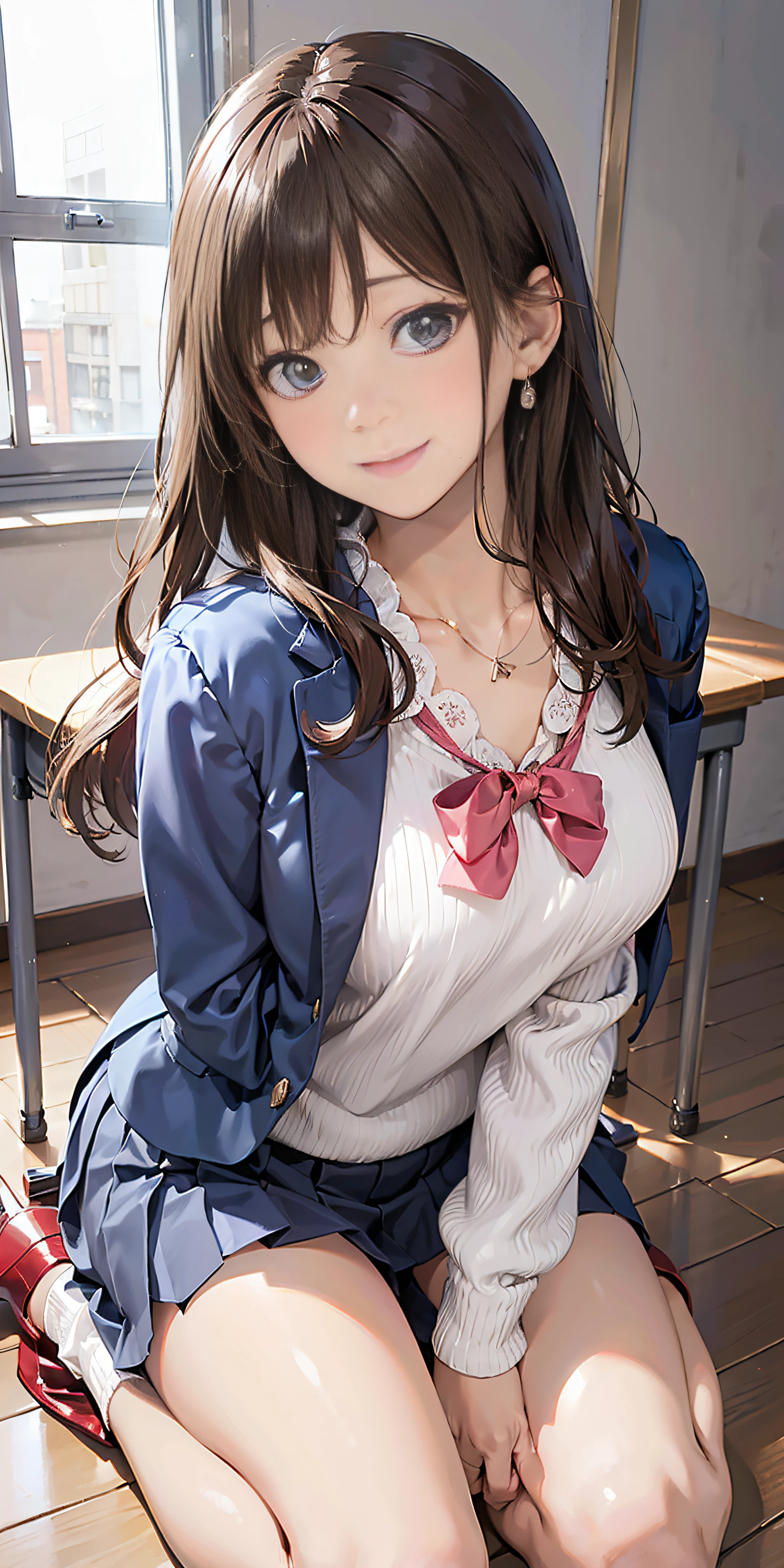 (masutepiece: 1.3), (max resolution: 1.2), (Ultra HDTV: 1.2), cinematric light, Ultra HDTV, (Detailed eyes and skin), (detailed facial features), nffsw, 8K resolution, Sharp Focus: 1.2, Perfect Style, Beautiful face, Perfect body, Dark-blue eyes, 1.2, Natural cheeks, Glossy skin, Fair skin: 1.2, shiny little necklace and earrings, (Glossy lips: 1.4), One-person viewpoint, (She is a very cute female teacher), ((Pink lace panties:1,5)), (Seductive smile: 1.2), ((a Innocent and cute girl:1.3)), (Long Wave Hair), (ligh brown hair:1.2), ((Very intimate relationships: 1.2)), medium large breasts, ((Looking at Viewer:1.2)), ((Bend your knees and open your legs wide:1.2)), low angle shot, turned around、look down from above、Puffy nipple、FULL BODYSHOT、jaket、Beige long sleeve tight sweater、Dark blue medium length flared skirt、Embarrassed look、Kamimei、high-heels、School Classroom Floor