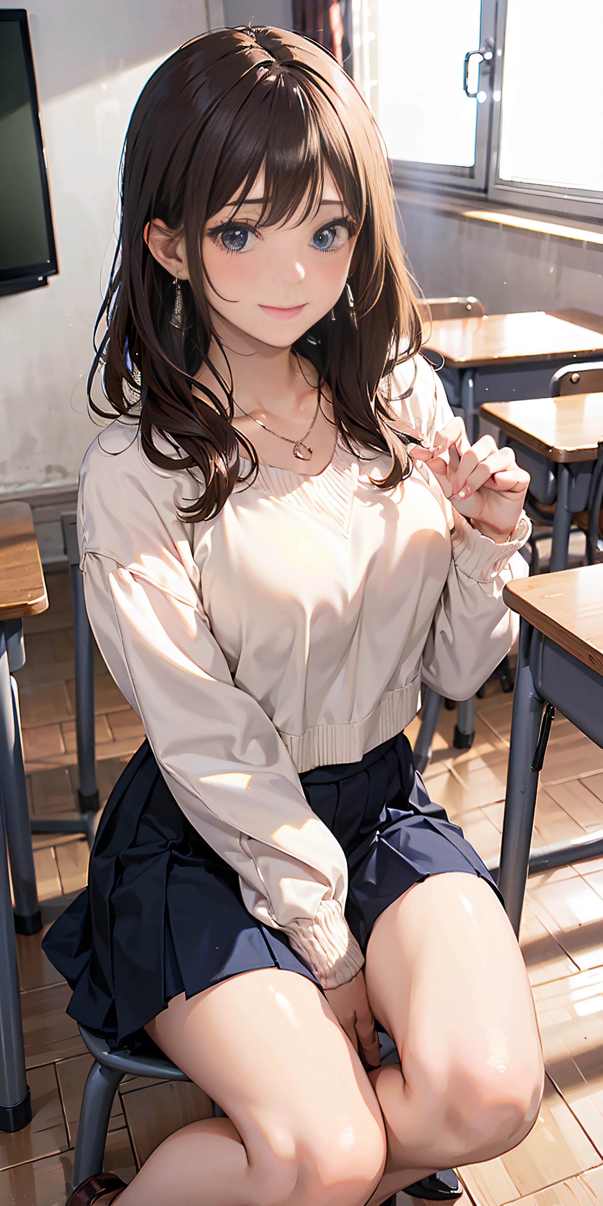 (masutepiece: 1.3), (max resolution: 1.2), (Ultra HDTV: 1.2), cinematric light, Ultra HDTV, (Detailed eyes and skin), (detailed facial features), nffsw, 8K resolution, Sharp Focus: 1.2, Perfect Style, Beautiful face, Perfect body,  Dark-blue eyes, 1.2, Natural cheeks, Glossy skin, Fair skin: 1.2, shiny little necklace and earrings, (Glossy lips: 1.4), One-person viewpoint, (She is a very cute female teacher), ((Pink lace panties:1,5)), (Seductive smile: 1.2), ((a Innocent and cute girl:1.3)), (Long Wave Hair), (ligh brown hair:1.2),   ((Very intimate relationships: 1.2)), medium large breasts, ((Looking at Viewer:1.2)), ((Bend your knees and open your legs wide:1.2)), low  angle shot,　turned around、look down from above、Puffy nipple、FULL BODYSHOT、jaket、Beige long sleeve tight sweater、Dark blue medium length flared skirt、Embarrassed look、Kamimei、high-heels、School Classroom Floor