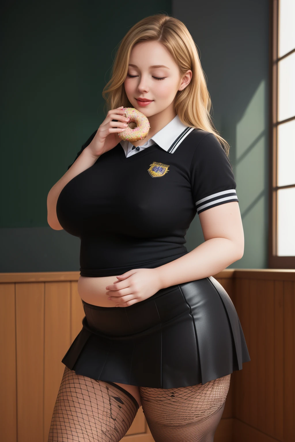 masterpiece, (photorealistic), (8k wallpaper) , (best quality), perfect quality, solo, (detailed eyes:0.9), girl, blonde, eating donut, very young, face : (very young, European, eating donut, very beautiful face, pleasure, closed eyes, small smile, young). figure : (full figure, curvy, very chubby, fat rolls, belly rolls, very soft, big breasts, sexy, sexy pose, fat thighs, fat hips). clothes: (tight shirt, tight black short miniskirt, tight school uniform, ripped tights, fishnet ).