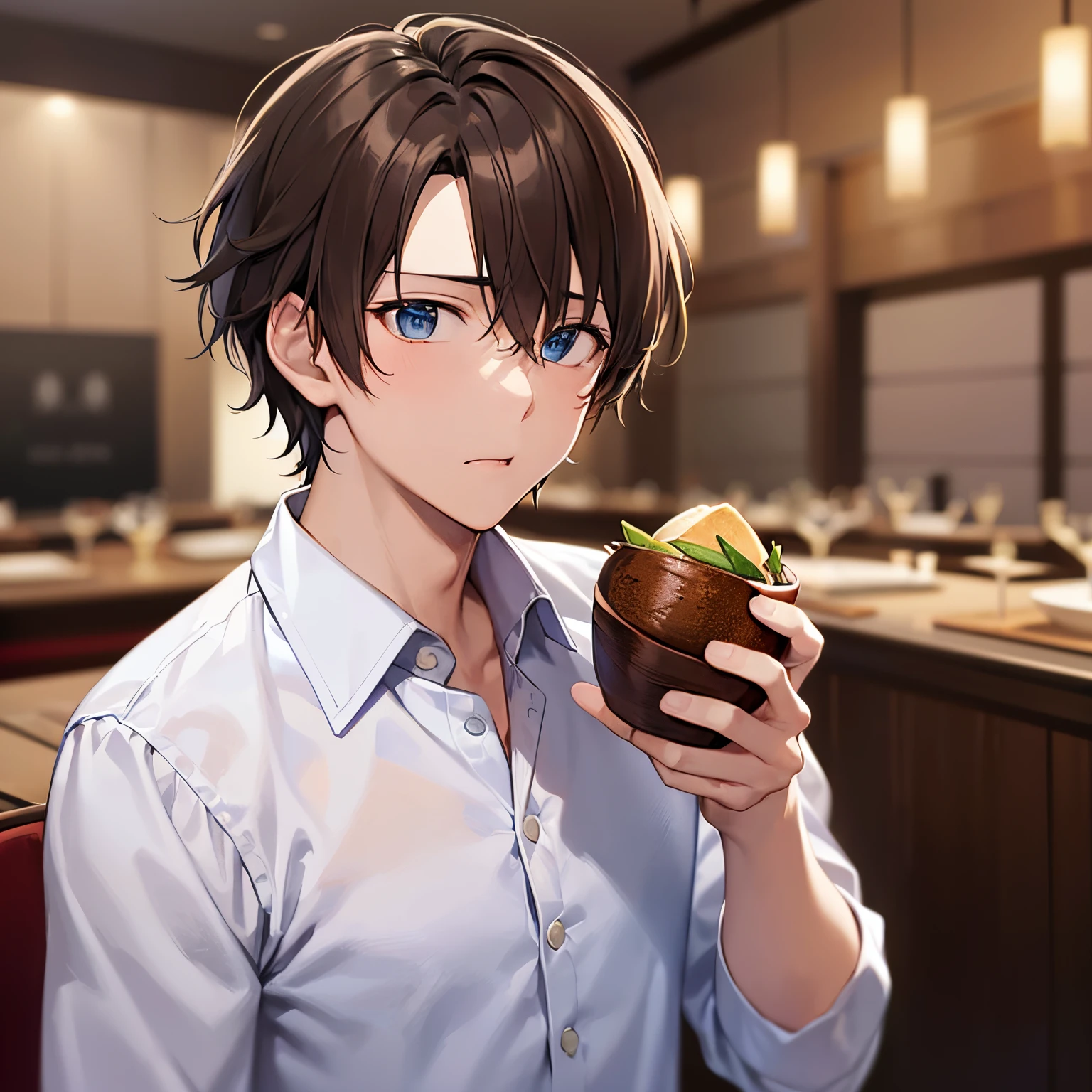 ​masterpiece、hightquality、25 year old man with short brown hair and blue eyes、Like a cartoon in Japan、wearing a white shirt with buttons、(Alone:1.5)、(Surprised look:1.1)、(Only the upper body is shown.:1.3)、(up of face:1.1)、Hands raised、The background is the interior of a luxury restaurant at night.、Eating、Bold composition、
