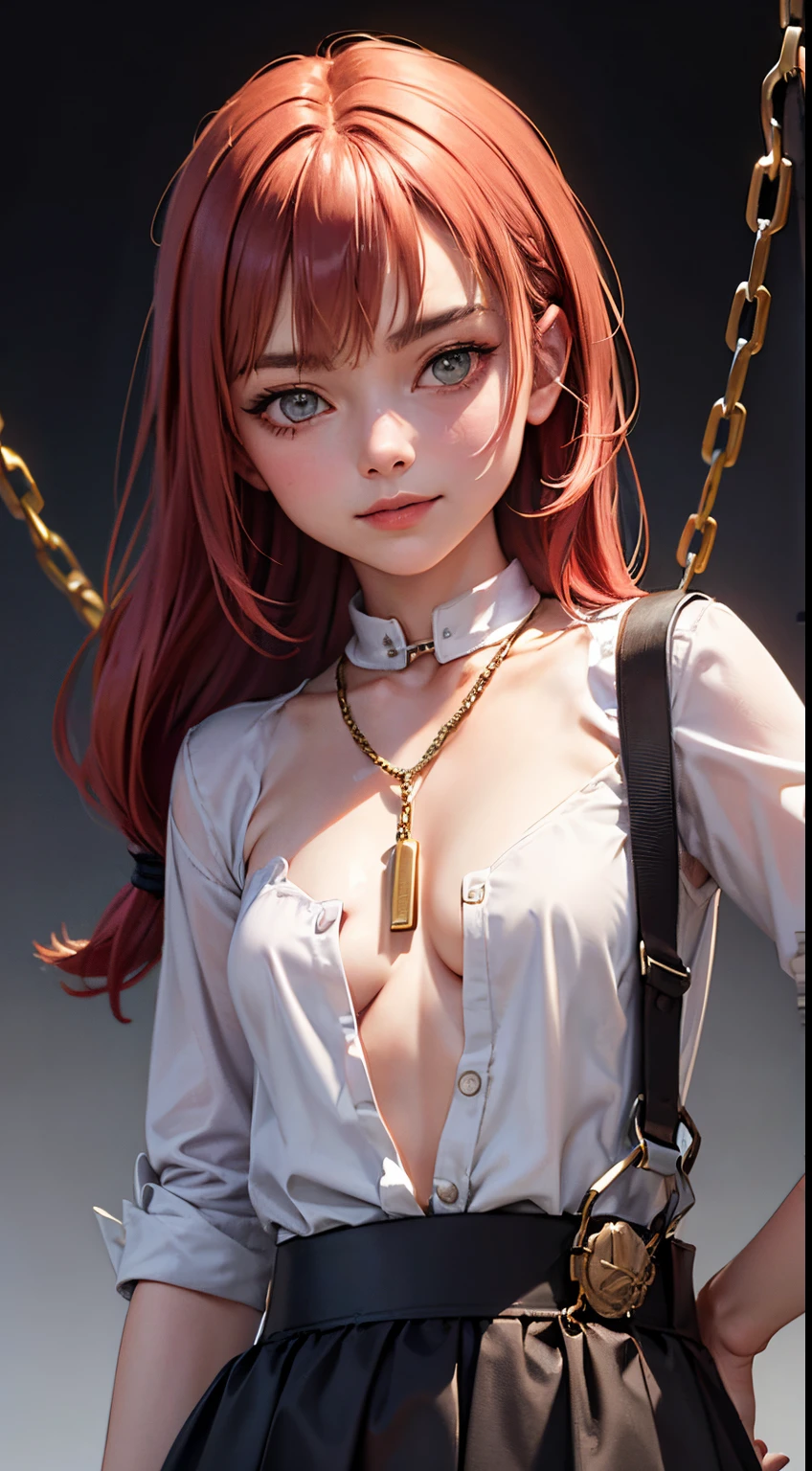 Makima with the face of Margot Robbie (chain saw man), Best Quality, ultra-detailliert, 1girl in, Solo, Standing, Red hair, Long braided hair, Golden Eyes, Bangs, very small pointed chest, White shirt, tie, Look, Smile, (in bad: 1.2), Looking at the viewer, (interview: 1.3), (Dark background, chains: 1.3), From above, sharp contrast, Beautiful detailed eyes, Focus, Close Up Shot