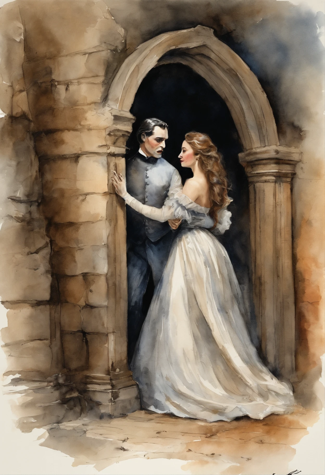 A damsel in distress, scene from a horror film, a beautiful young woman is grabbed from behind by Count Dracula and bitten in the neck. Old dark castle, Victorian era