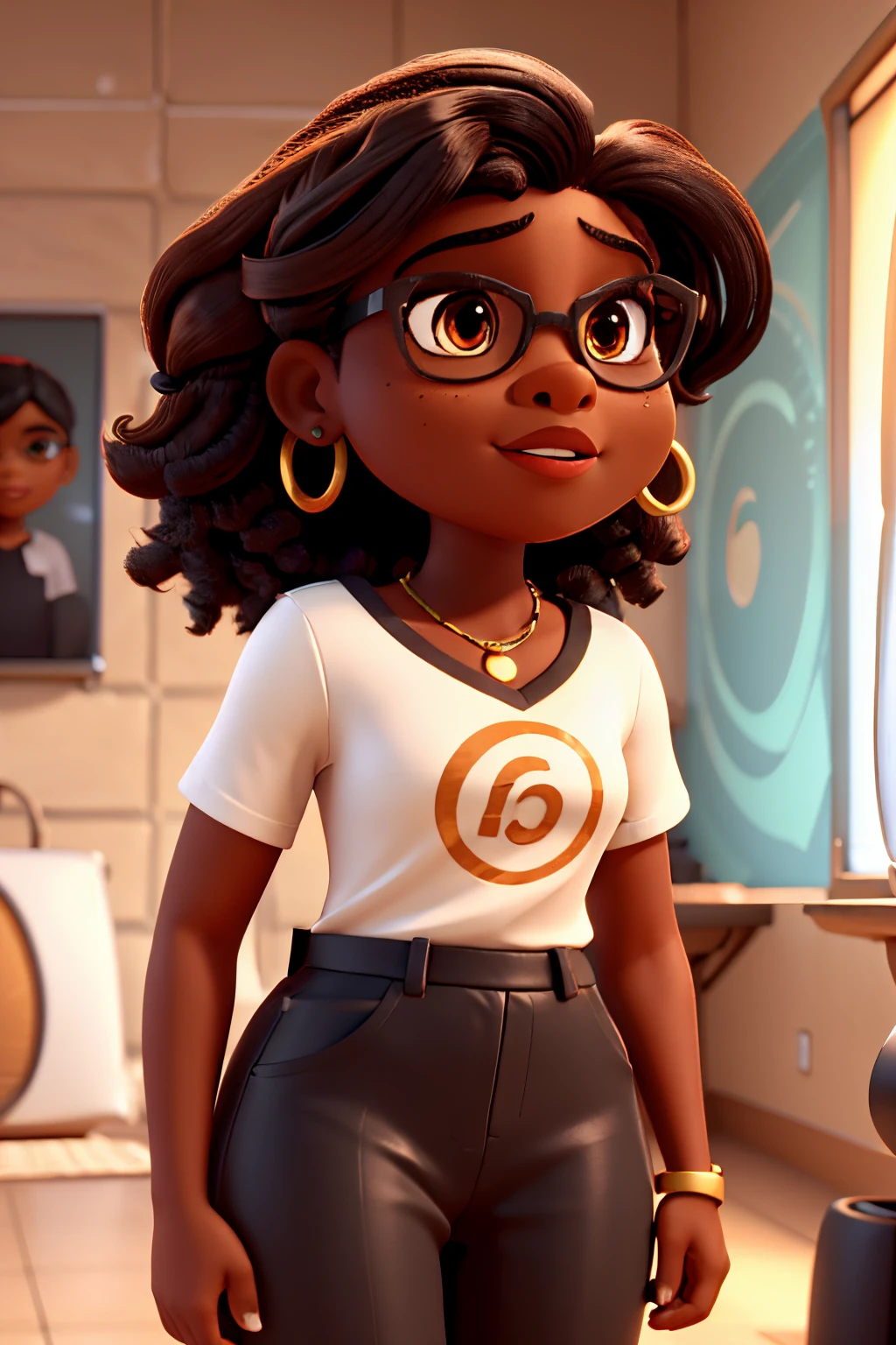 brown skin lady, in the car, red lips, wearing thick brown small size hoop earrings, black long hair with a side parting, wearing gold rim circle sunglasses, wearing oversized white shirt with brown pinstripes, back black seat head rest background, left side selfie, Disney Pixar 3d