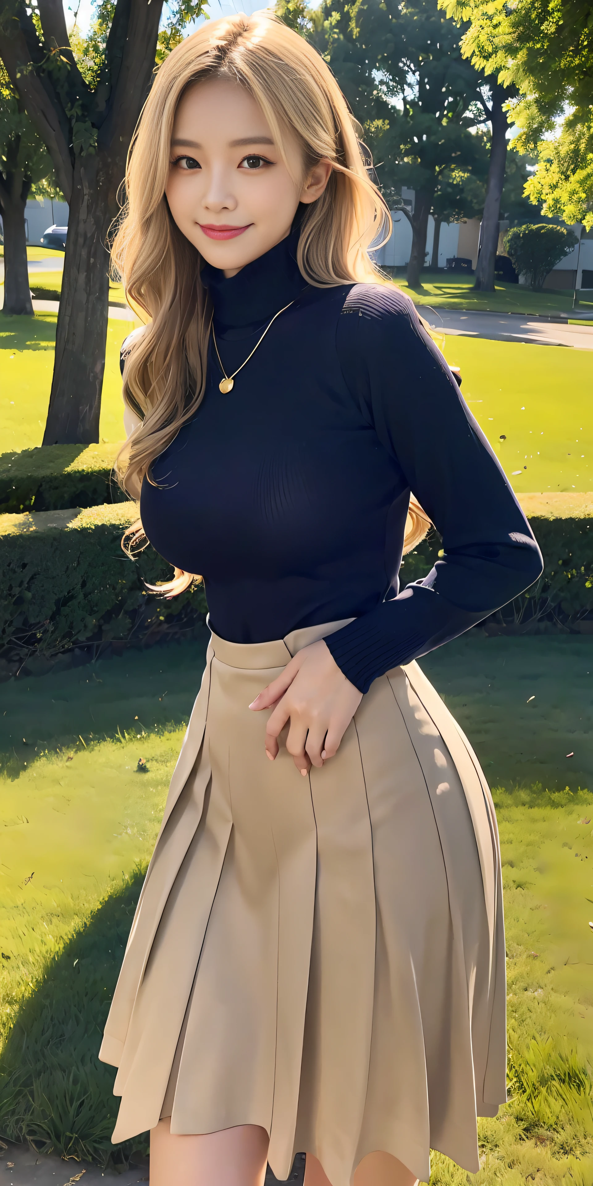 23 y-o woman, Long dark blonde wavy hair、Beige turtleneck sweater, Puffy nipple、long pleated skirt of dark blue color,Medium milk, cute smile face、(Pose that sticks out your buttocks and emphasizes your buttocks)、(turned around)、、Beautiful necklace、sexy hips、Black High Heels、Sexy lace panties、Visible shot of the whole body、On the lawn of the park