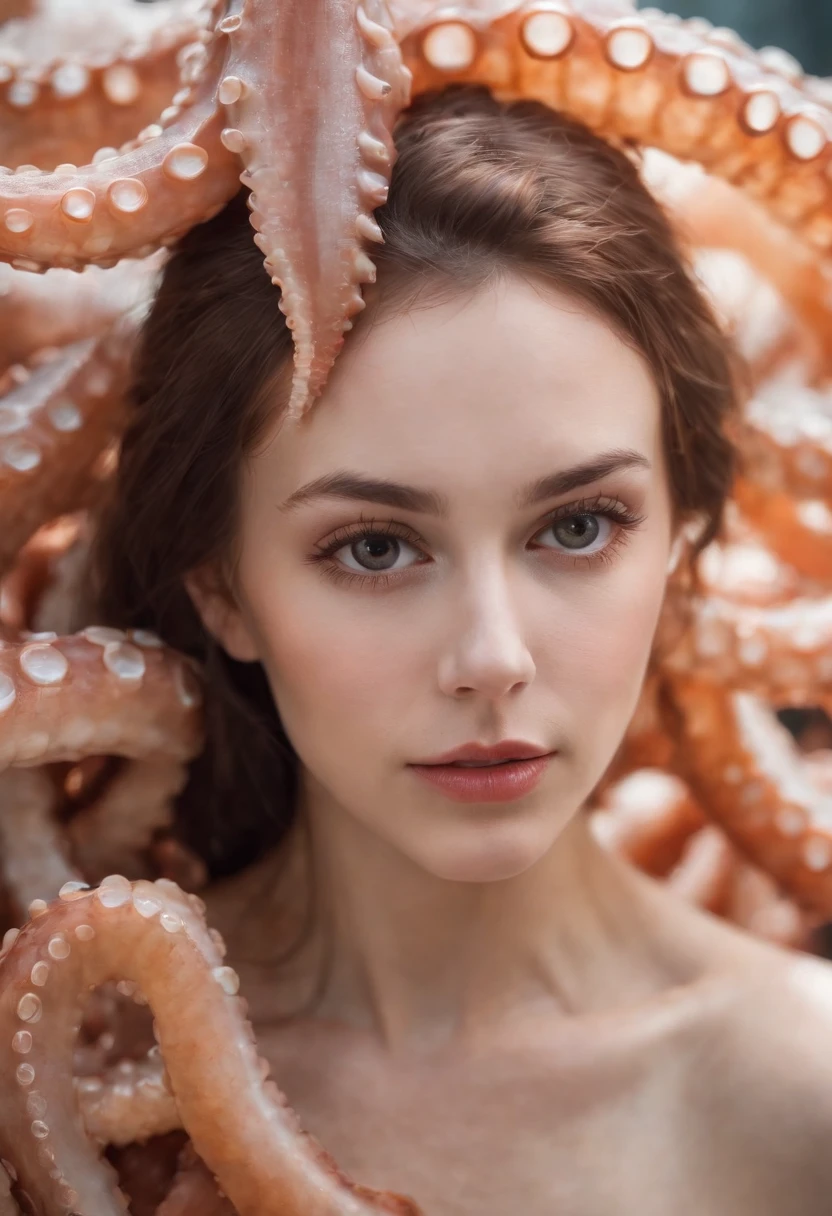 Octopus tentacles tightly wrapped around the beautiful girl's face, Beauty blush