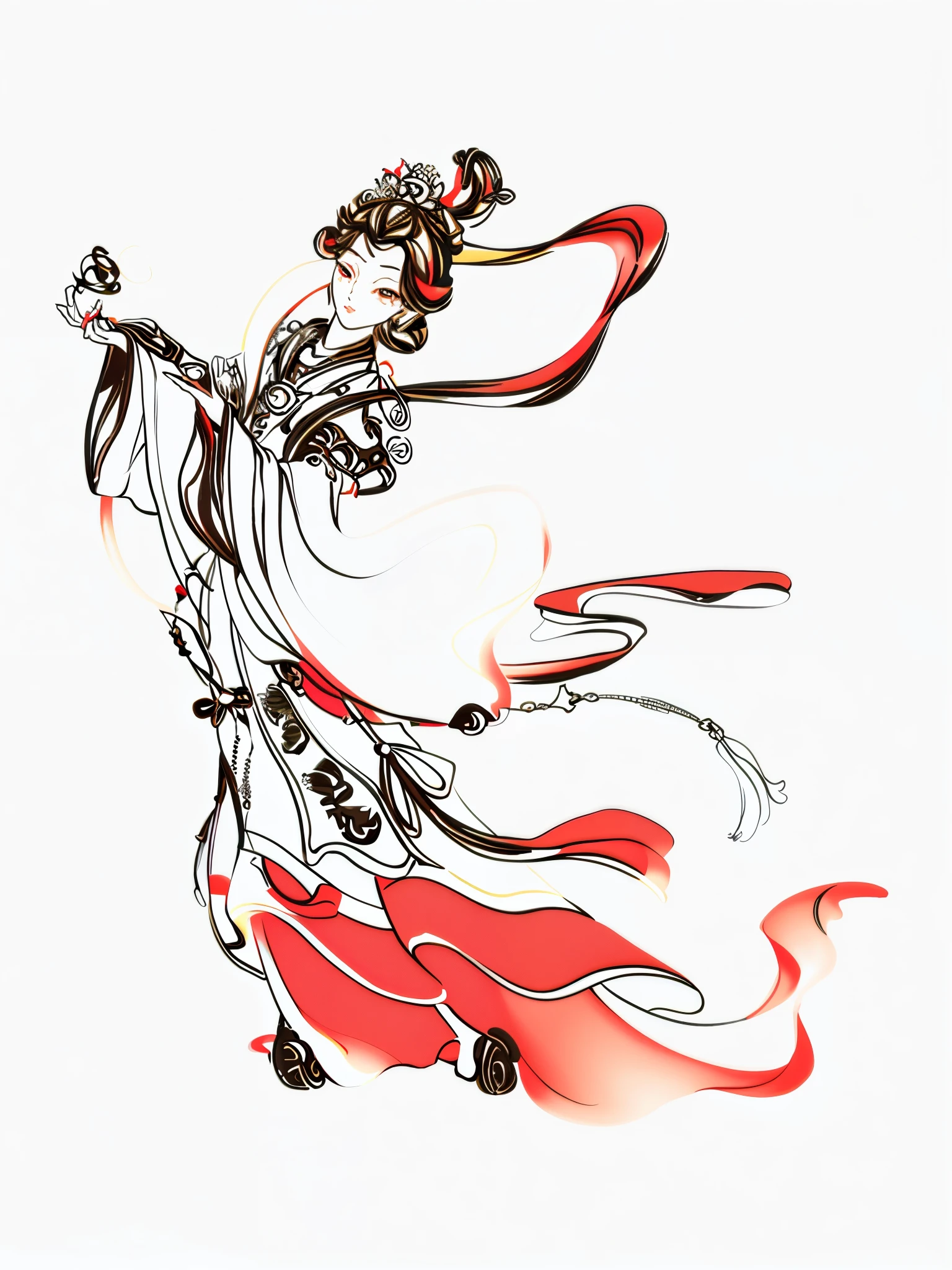 The painting shows a woman wearing a long skirt、woman with flowers in hair, an ancient Chinese goddess, line art illustration, Beautiful line art, guanyin of the southern seas, Illustration line art style, outlined art, Princesa chinesa antiga, Avalokitesvara, ancient china art style, Vector line art style, beautiful line art, Vector line art, line art,Chinese national tide wind
