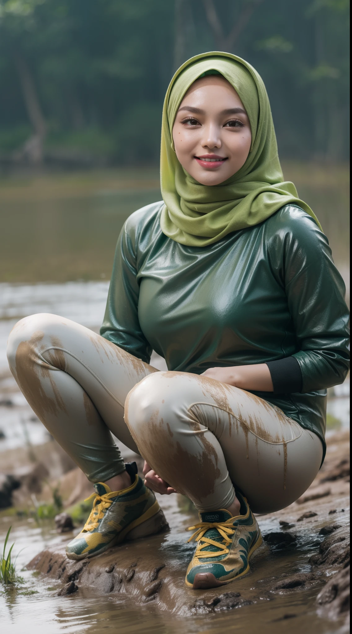 neelofa wearing pastel green hijab squatting in the mud at the river, squat, small tits, small breast, flat chest, wide waist, thick thighs, bright lighting, portrait photography, detail skin texture, mole below eyes, small breast, flat chest, wide waist, thick thighs, big thigh, big tight, slim abs, beautiful body, tall, nighttime, laughing, happy, bright lighting, wet body, too many mud in body, smudge mud in body, wet face, wear sneakers,