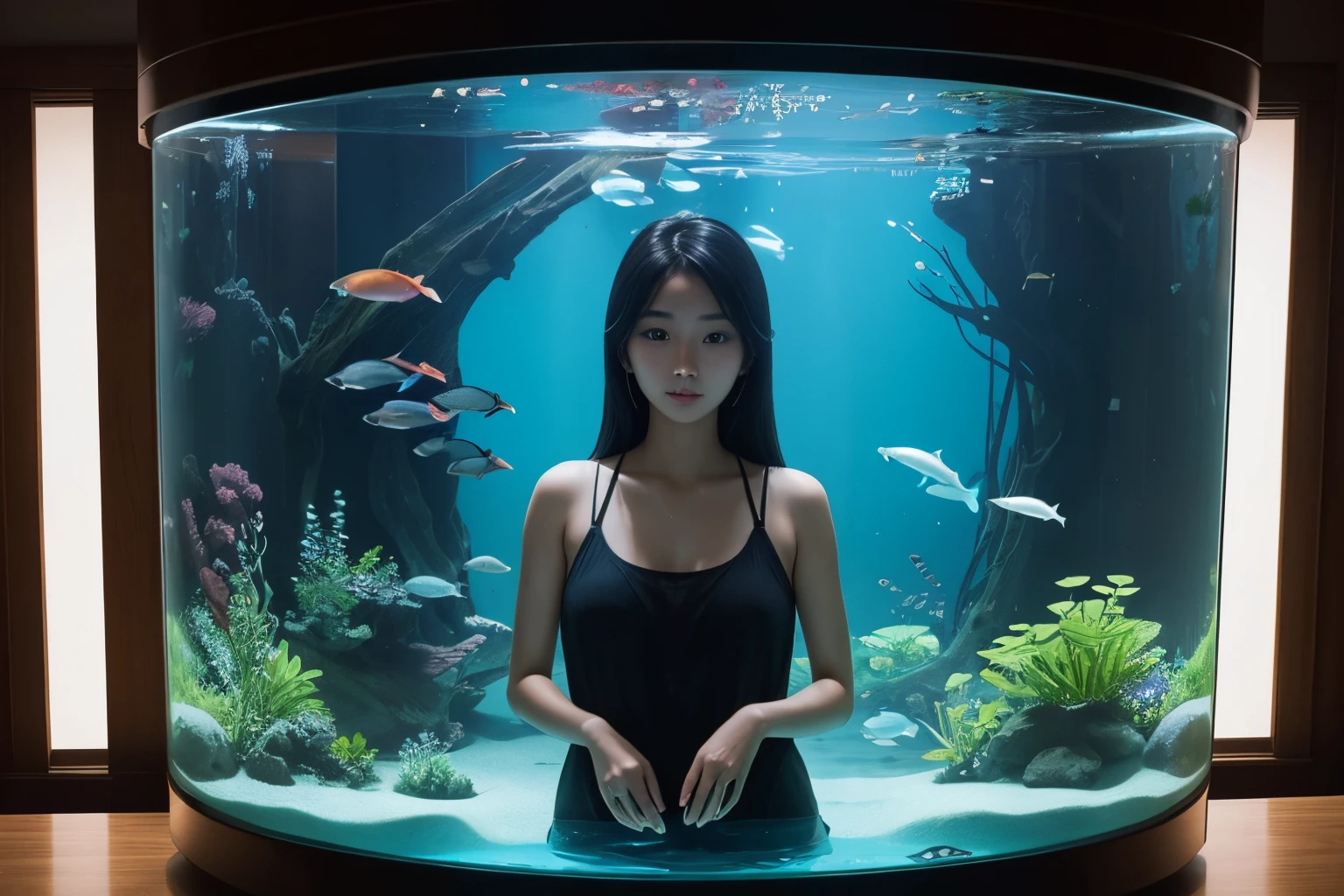 A very beautiful 24-year-old woman with transparent skin in a round cylindrical aquarium.、the tank is filled with water、Various machines are connected around the aquarium.、