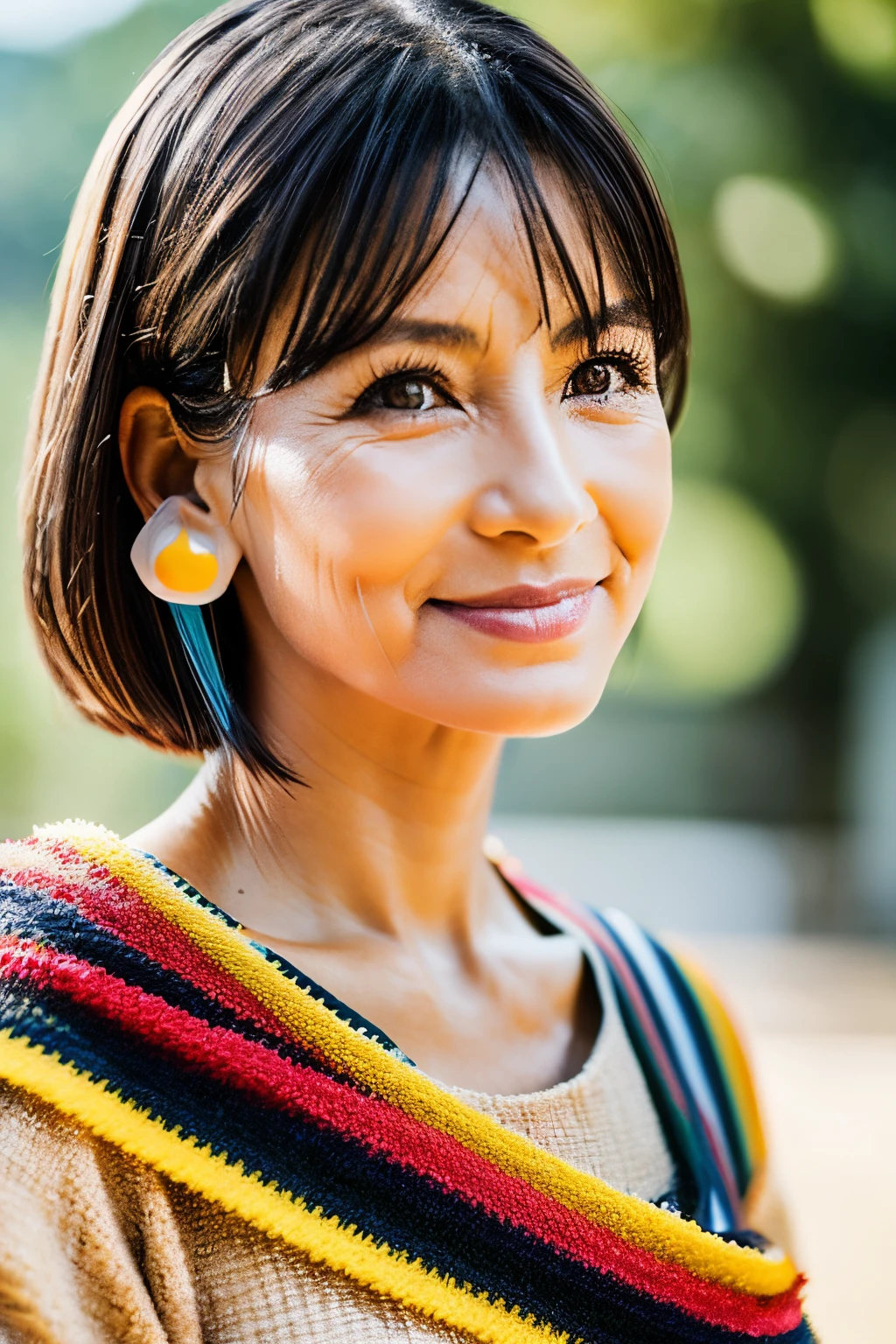 upper body, analoges Dokumentarfoto, Eye contact with a 54-year-old warrior with short hair in a short and tight Peruvian costume, perfect face, perfect lips, perfect eyes, perfect body, oerfect Make-Up, Hochdetaillierter Skin, einheimisch, Hautdetails und Hautunreinheiten sowie Sommersprossen und Falten, (Meisterwerk, best quality:1.4),