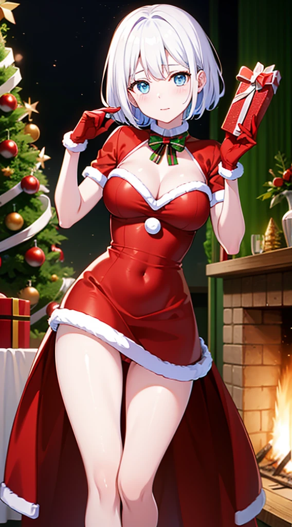 masterpiece, best quality, 1 solo girl, white hair, blue eyes, short hair, wavy hair, Christmas ornaments, medium breasts, mature body and face, red christmas dress, christmas, christmas light, christmas tree, red gloves, red santa skirt, holding gift, red bra, red panty, leg up, cowboy shots, sexy pose, dakimakura, detailed body, face, and eyes, sharp focus, vibrant, creative, dynamic, high definition, high resolution, 8k, (Upscale: R-ESRGAN 4x+ Anime6B), (Image enchance:4x), voluptuous body,