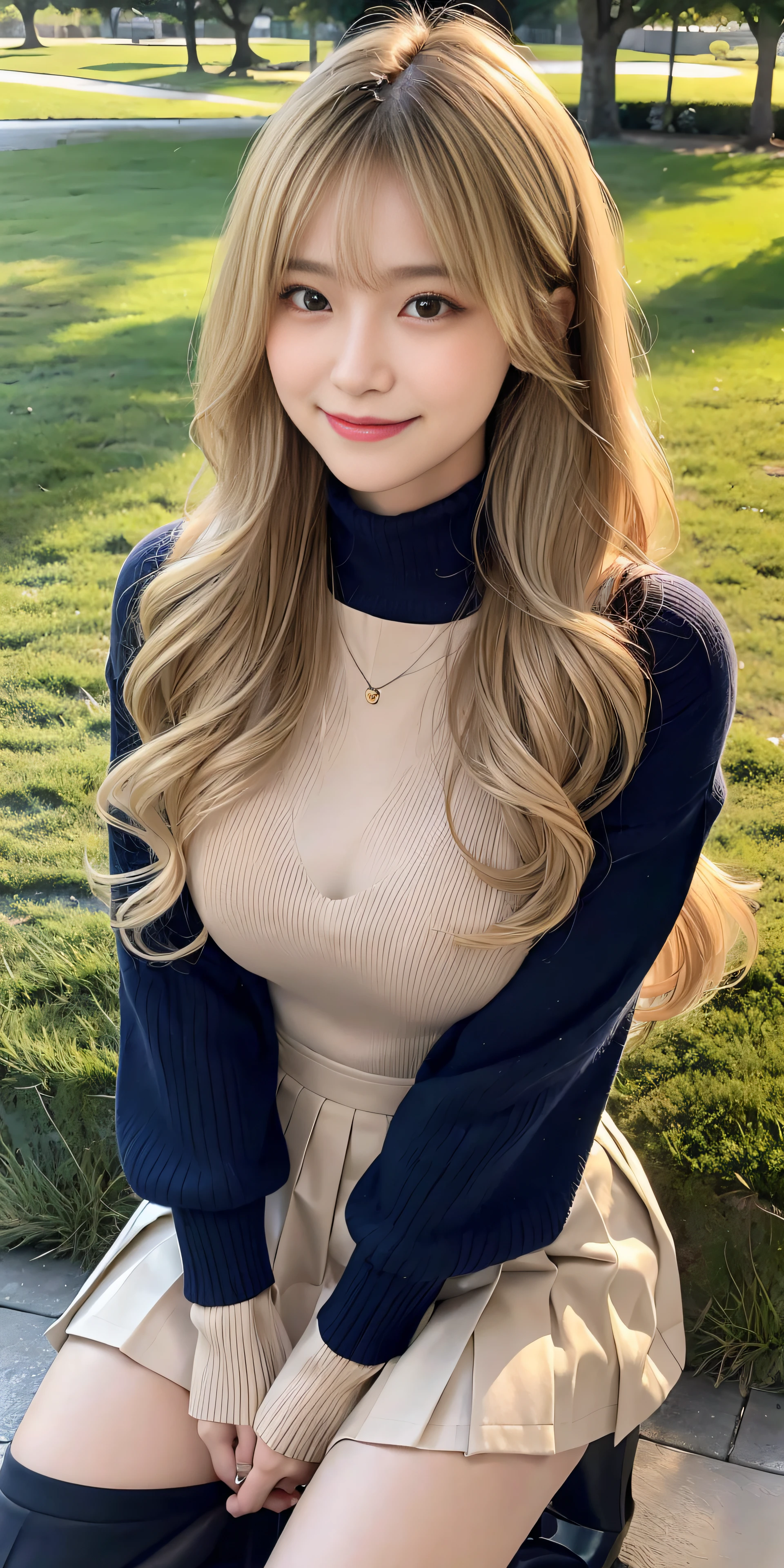 23 y-o woman, Long dark blonde wavy hair、Beige turtleneck sweater, Puffy nipple、long pleated skirt of dark blue color,Medium milk, cute smile face、(Emphasize the chest by slouching)、、Beautiful necklace、Black High Heels、Sexy lace panties、Visible shot of the whole body、On the lawn of the park、Squatting on your knees、Cute smile with upward glances