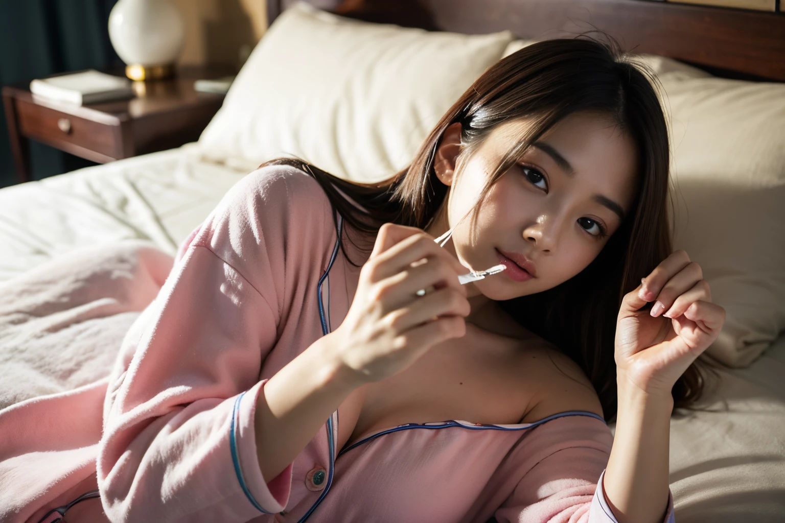 Best-quality, Masterpiece, Ultra-High-Resolution, (Photorealistic:1.4), Raw-Photo, Extremely-Details, Perfect-Anatomy,
at midnight, in room, on bed,
1girl, 18-years-old, the most popular Japanese idol, smoking weed, high on cocaine, completely drunk, wearing only pajama, detailed many empty liquor bottles on bed, detailed cocaine a little on bed, detailed weed joint on bed,
detailed extremely cute face, detailed extremely beautiful big black solid circle eyes, detailed extremely beautiful realistic skins, detailed extremely beautiful hair, detailed extremely beautiful perfect body, detailed extremely perfect five-fingers, detailed pajama
