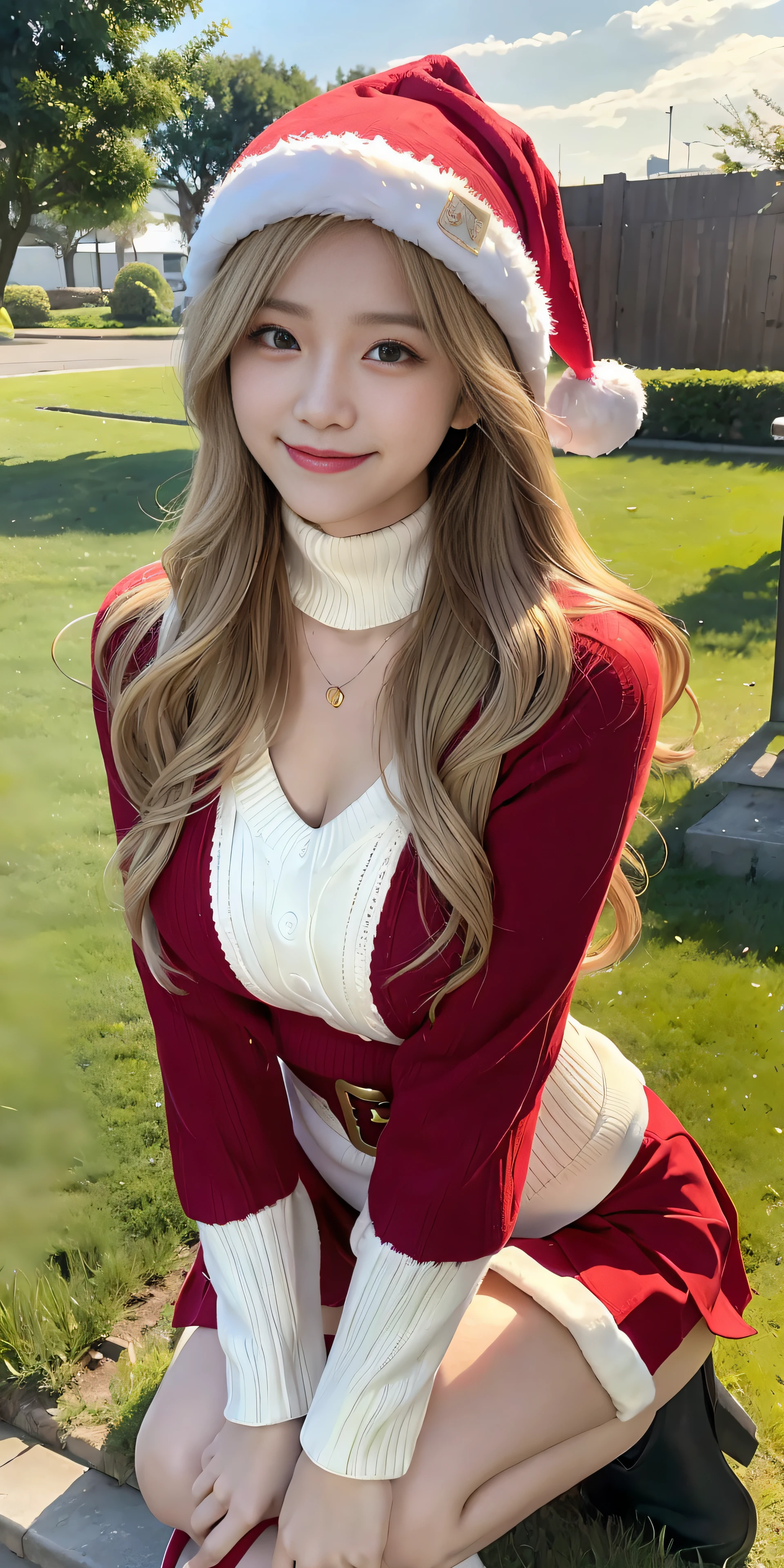 23 y-o woman, Long dark blonde wavy hair、Santa Claus Costume、red and white knit hat、White turtleneck sweater, Puffy nipple、white and red pleated skirt、,Medium milk, cute smile face、(lean forward to emphasize the chest)、、Beautiful necklace、Red High Heels、Sexy lace panties、Visible shot of the whole body、On the lawn of the park、Squatting on your knees、Cute smile with upward glances