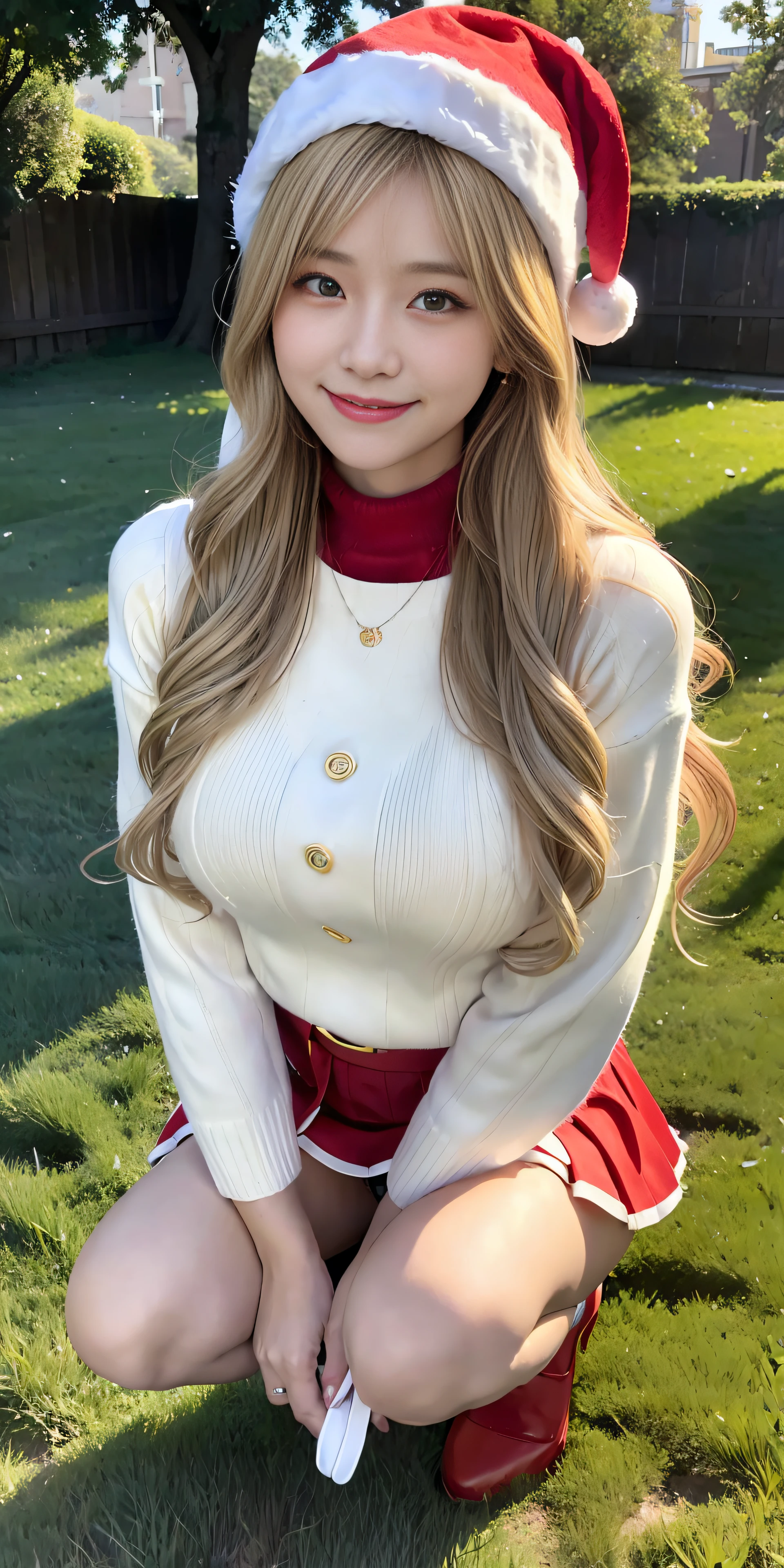 23 y-o woman, Long dark blonde wavy hair、Santa Claus Costume、red and white knit hat、White turtleneck sweater, Puffy nipple、white and red pleated skirt、,Medium milk, cute smile face、(lean forward to emphasize the chest)、、Beautiful necklace、Red High Heels、Sexy lace panties、Visible shot of the whole body、On the lawn of the park、Squatting on your knees、Cute smile with upward glances