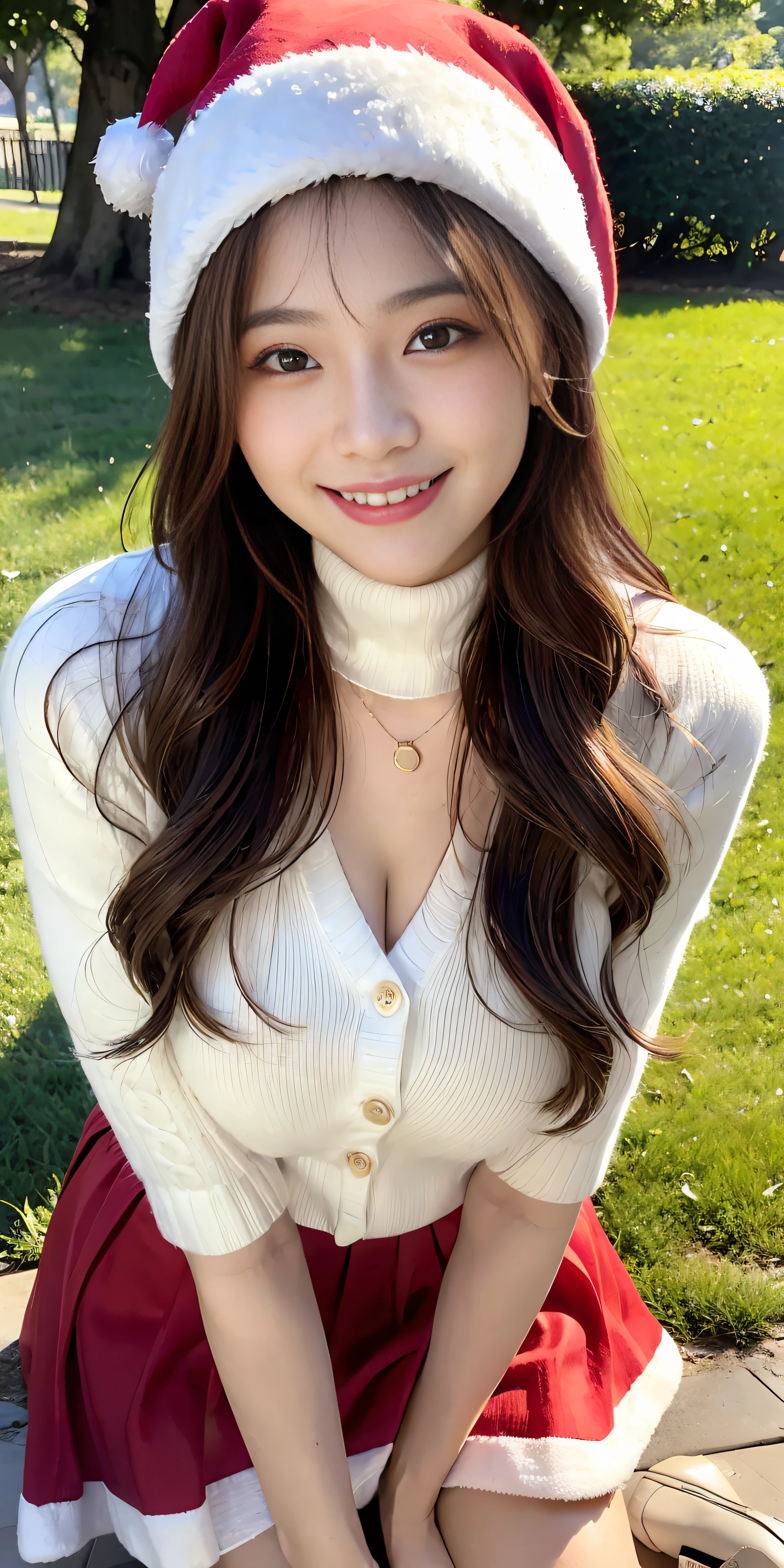 23 y-o woman, Long dark blonde wavy hair、Santa Claus Costume、red and white knit hat、White turtleneck sweater, Puffy nipple、white and red pleated skirt、,Medium milk, cute smile face、(lean forward to emphasize the chest)、、Beautiful necklace、Red High Heels、Sexy lace panties、Visible shot of the whole body、On the lawn of the park、Squatting on your knees、Cute smile with upward glances